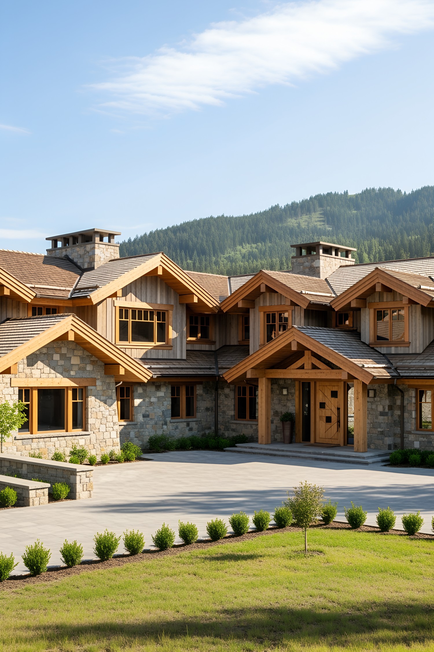 Luxury chalet with stone and wood architecture surrounded by nature