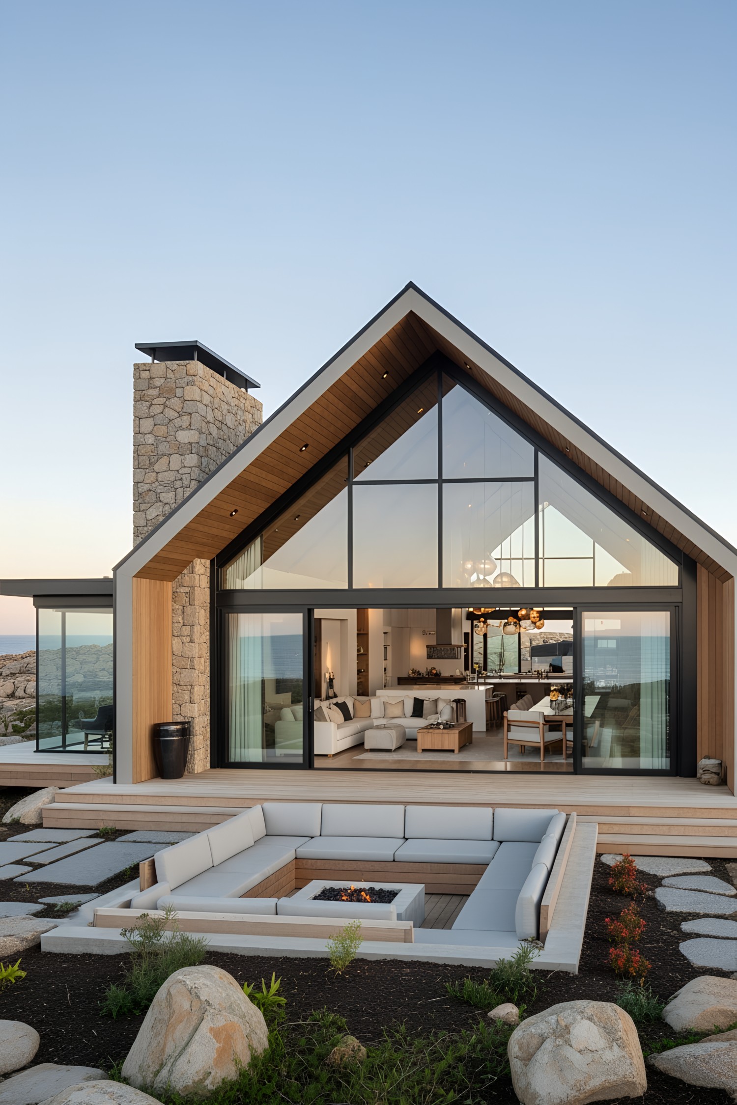 Contemporary chalet with large windows and outdoor seating
