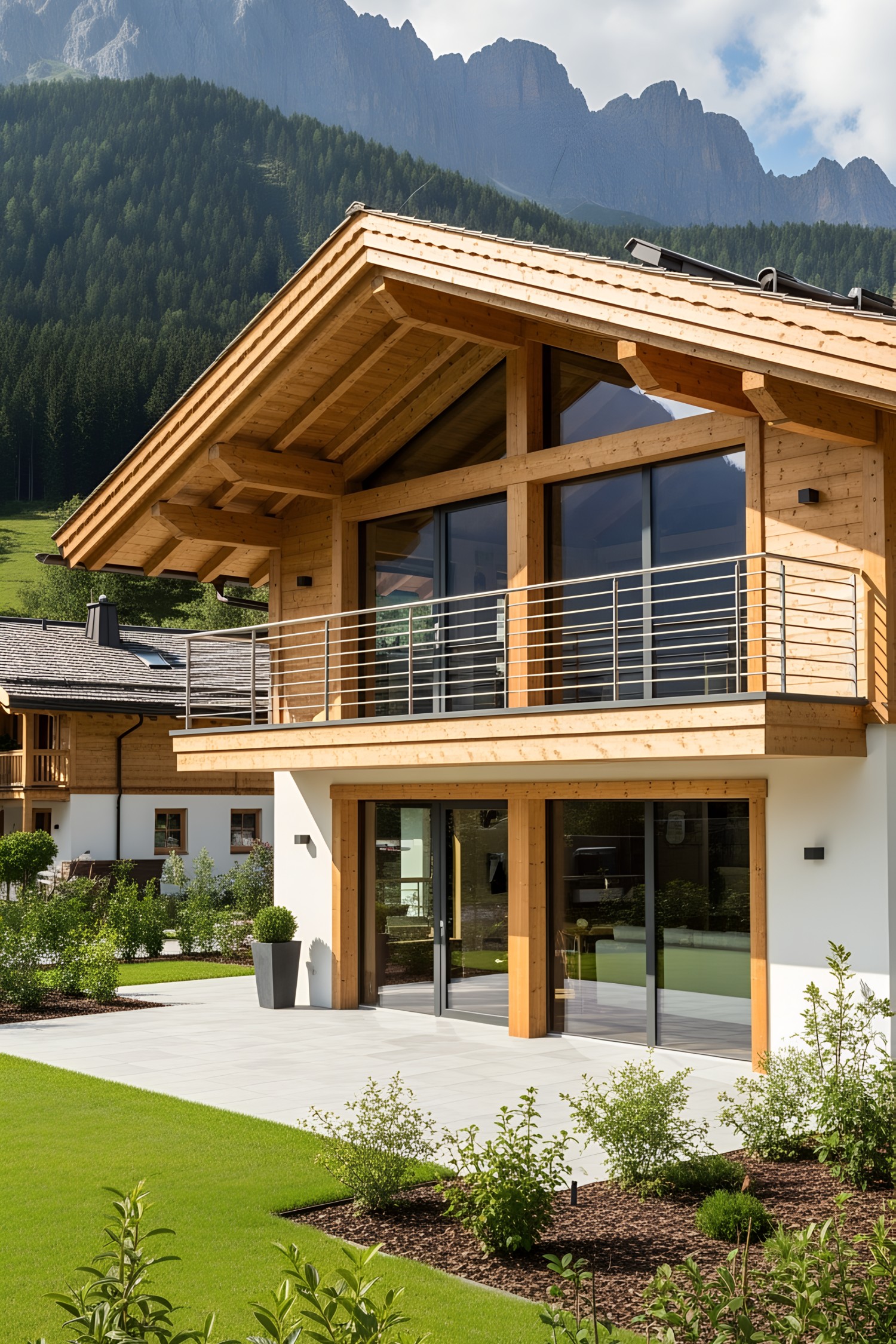 Luxurious wooden chalet with mountain backdrop