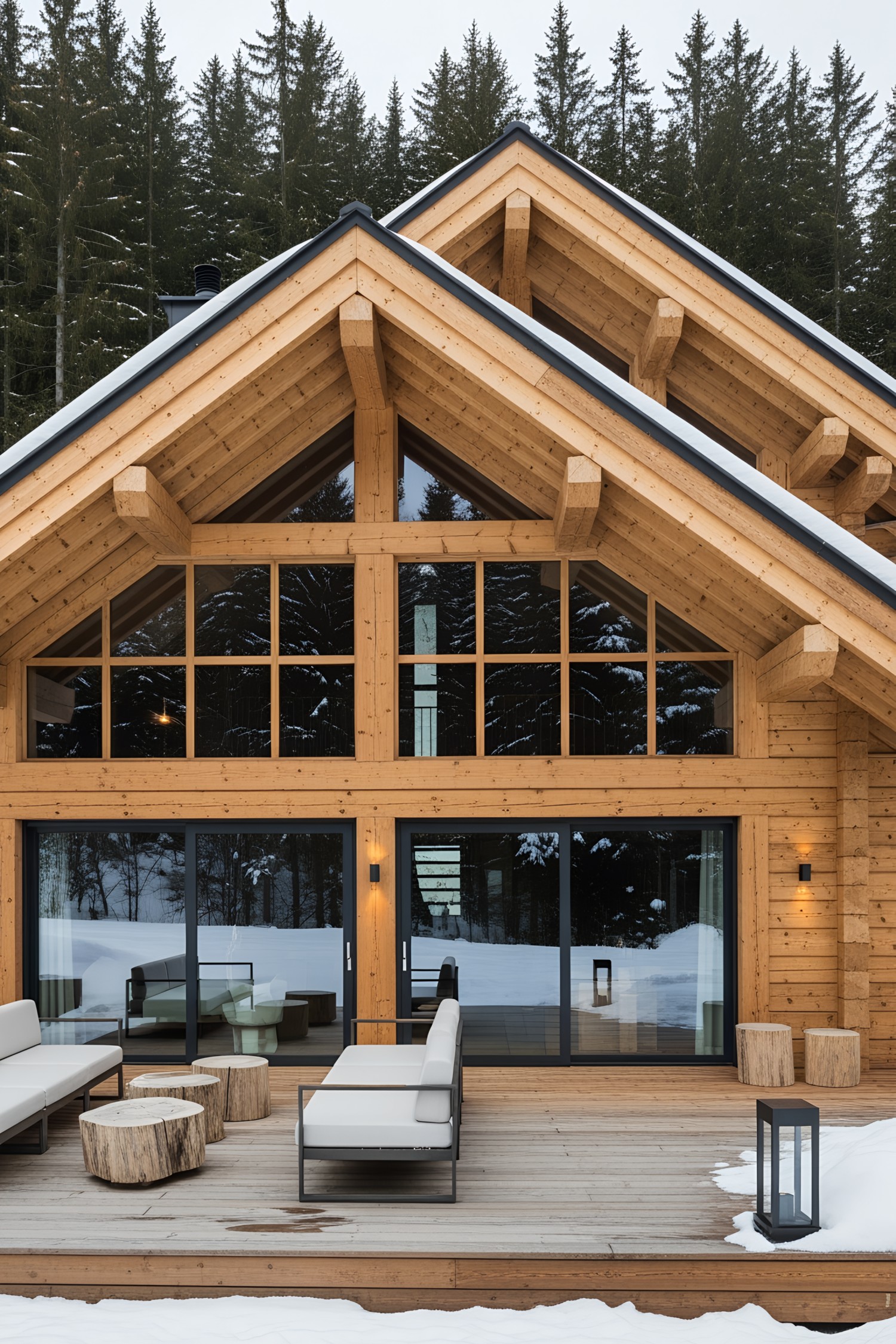 Wooden chalet with snowy surroundings
