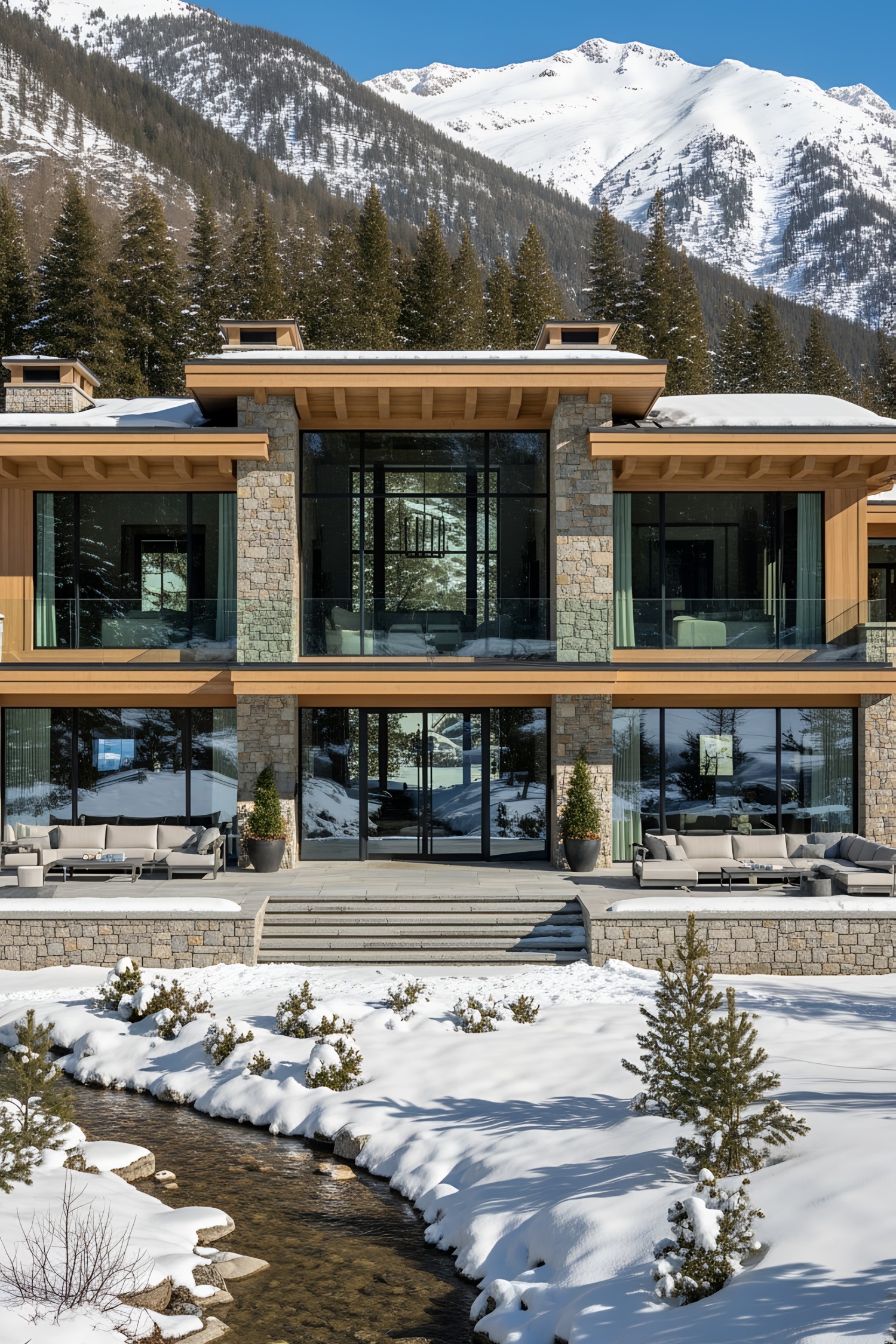 Elegant stone and glass chalet with snowy mountains