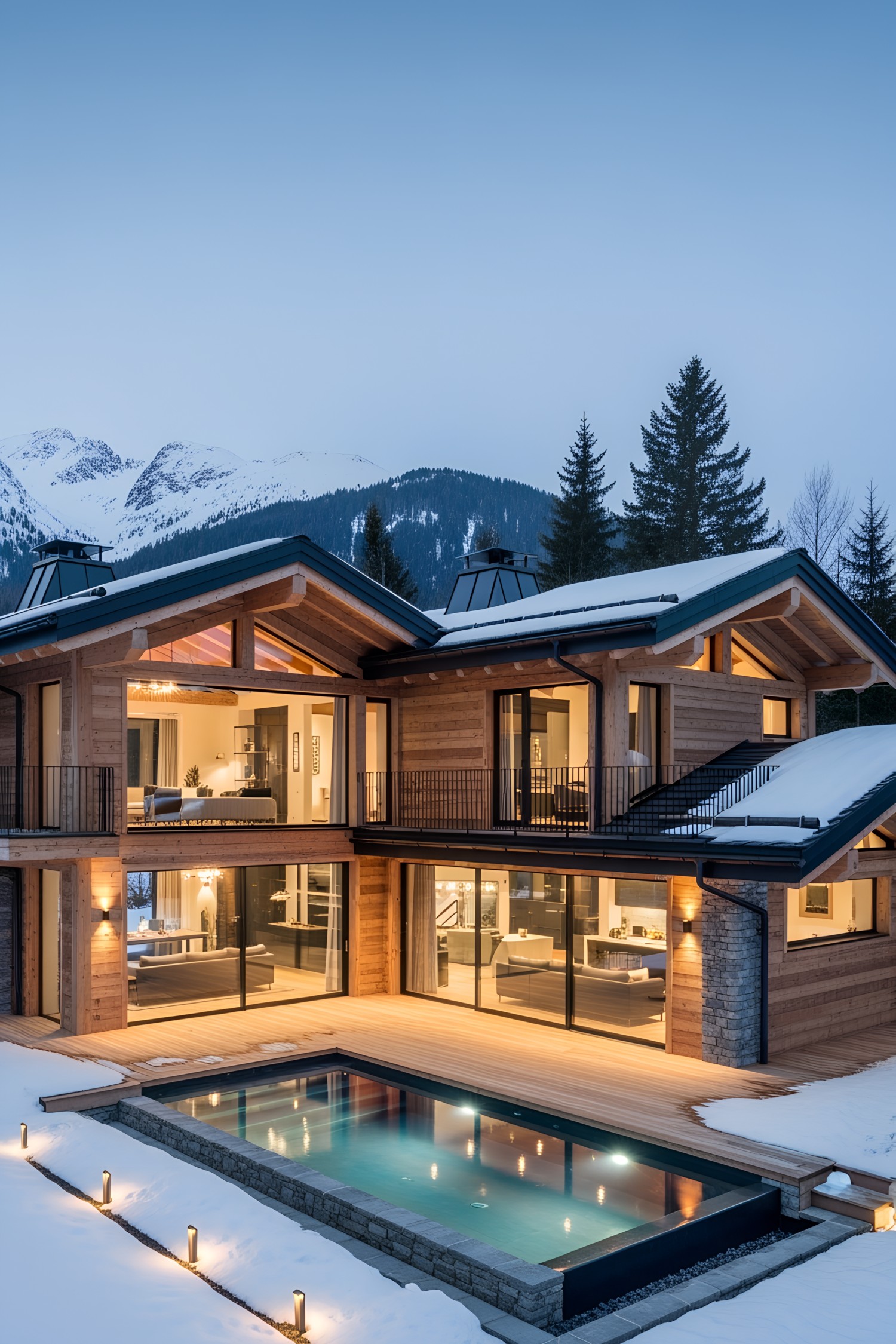 A luxurious chalet with large windows overlooking a snowy landscape and an illuminated pool