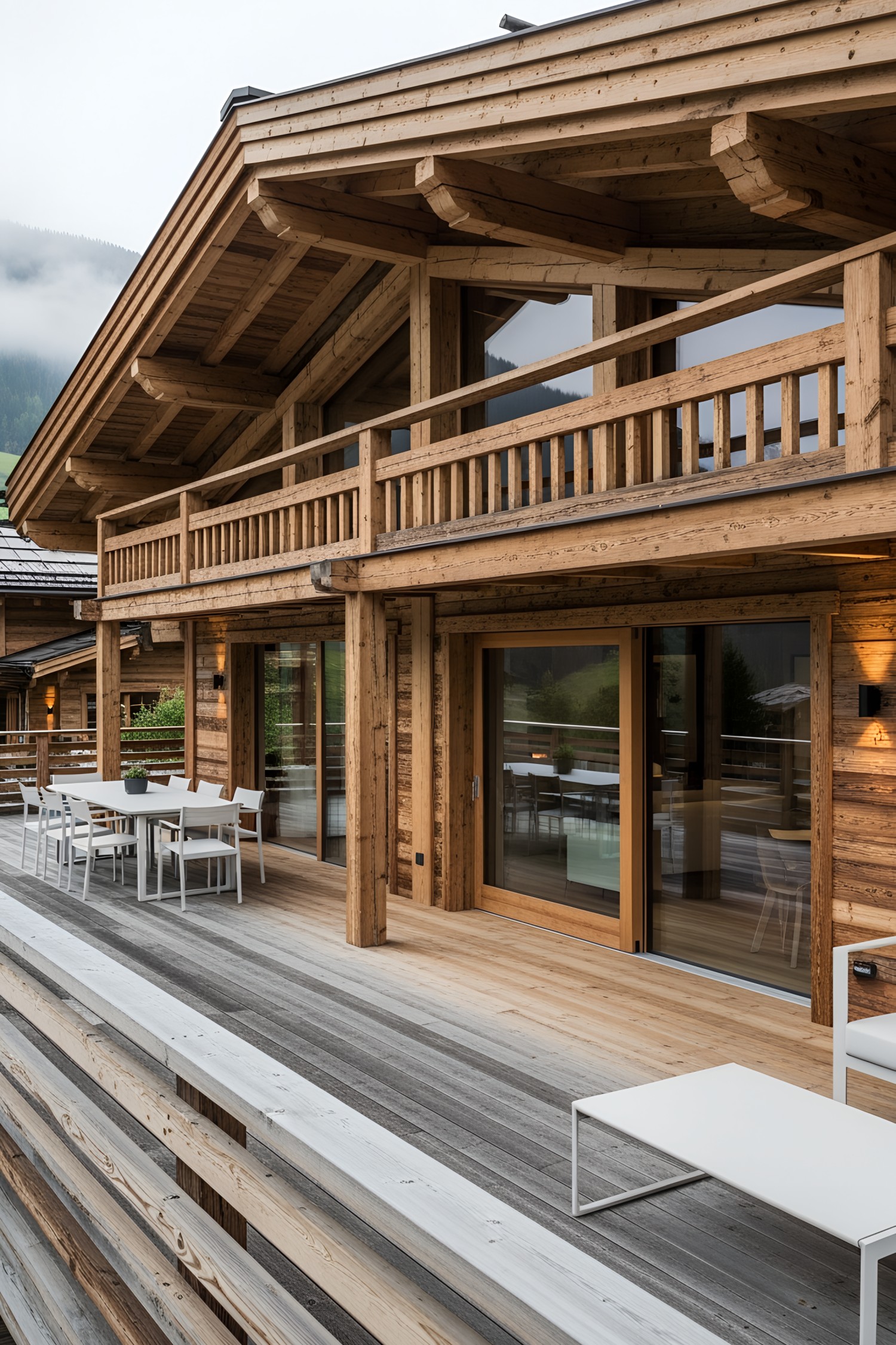 Luxury wooden chalet with balcony and deck
