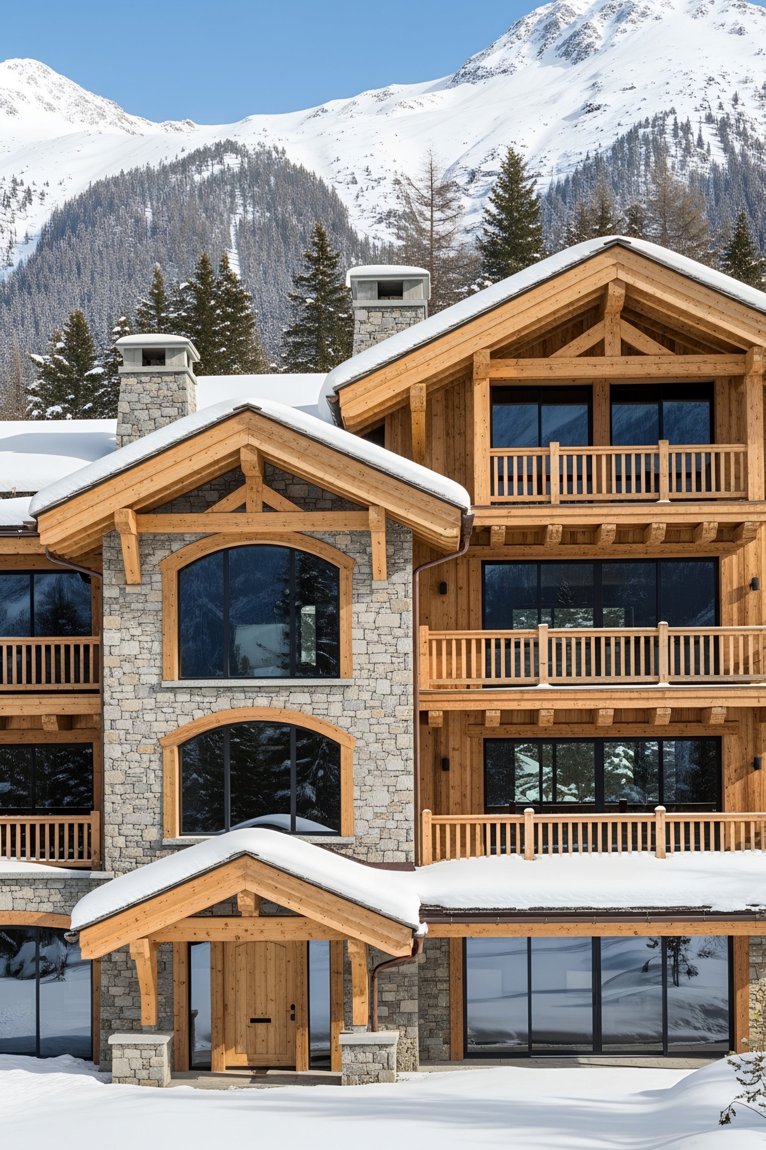 Exterior of a luxury chalet with snow-covered roof and mountains behind