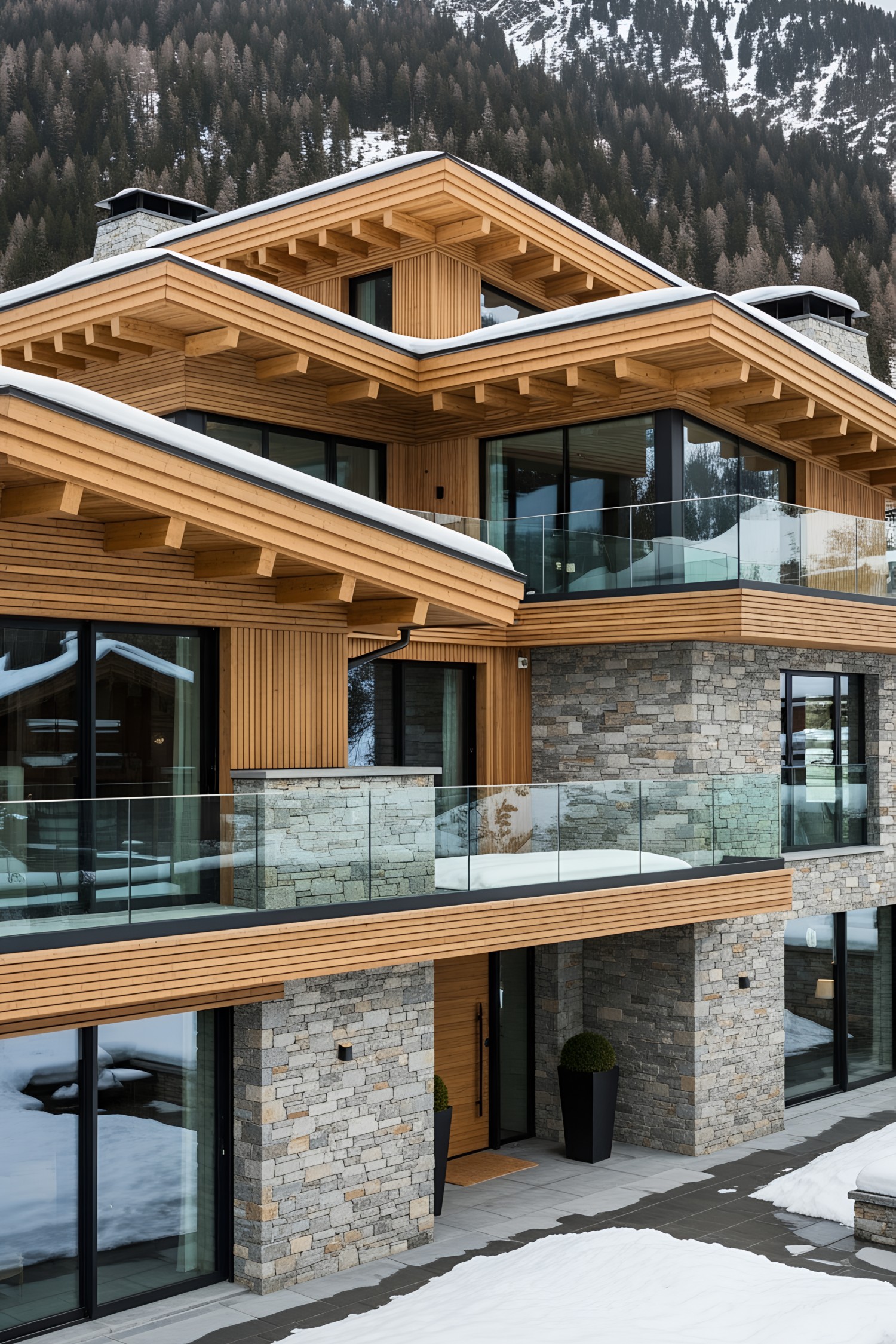 Luxury chalet exterior crafted from wood and stone