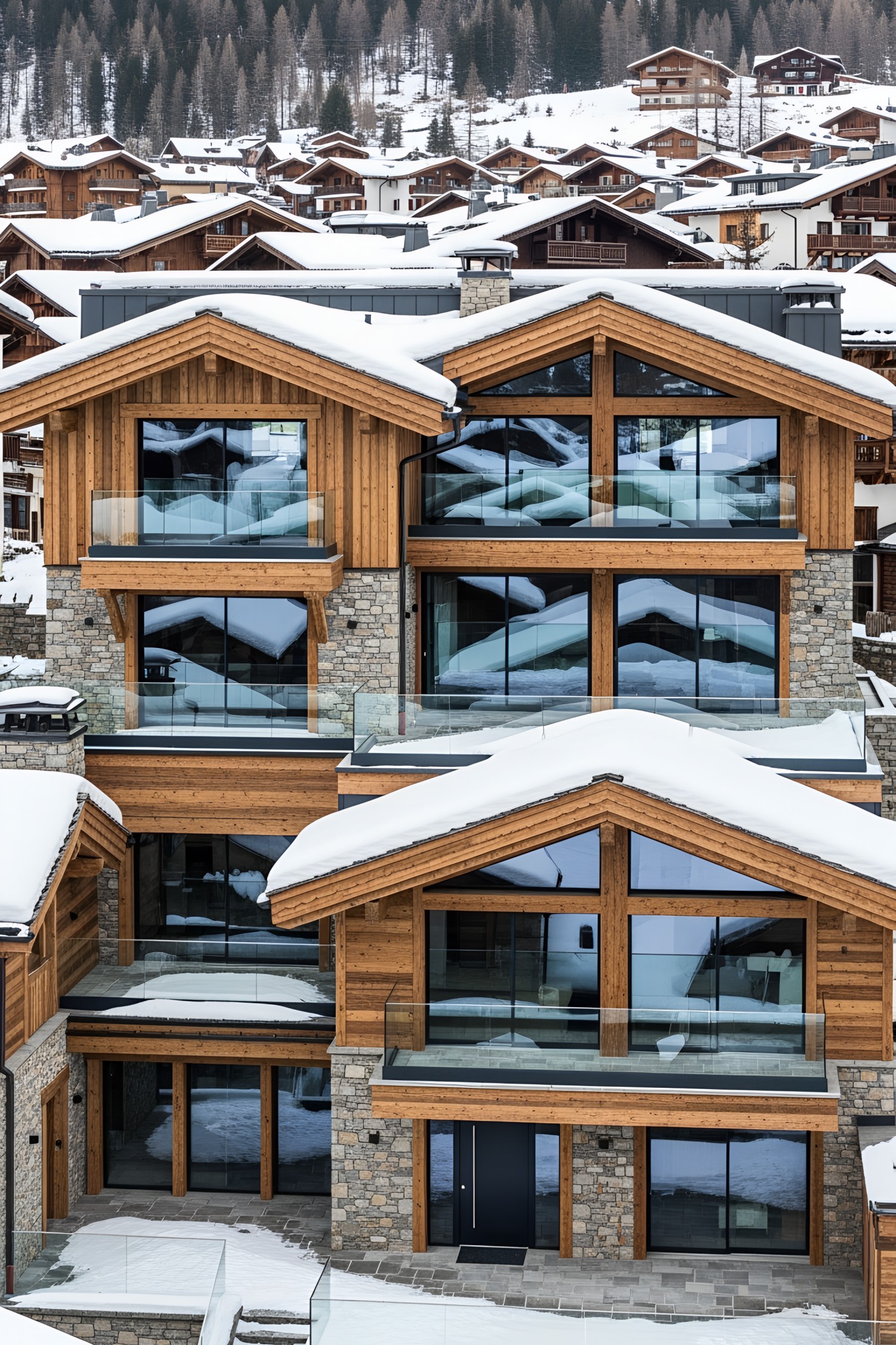 Luxurious chalet with wooden design and snow-covered roofs