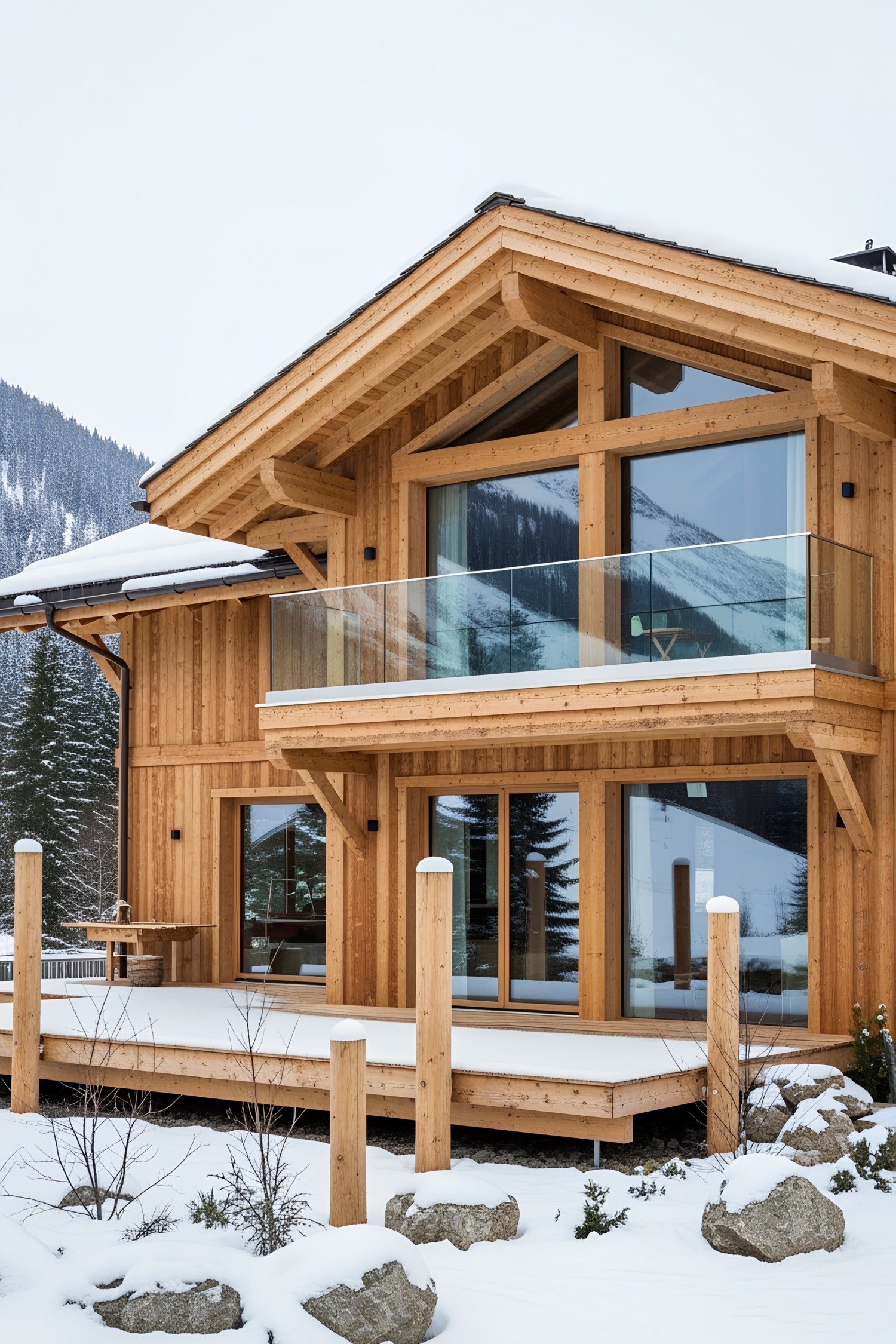 Wooden chalet with glass balconies in a snowy landscape