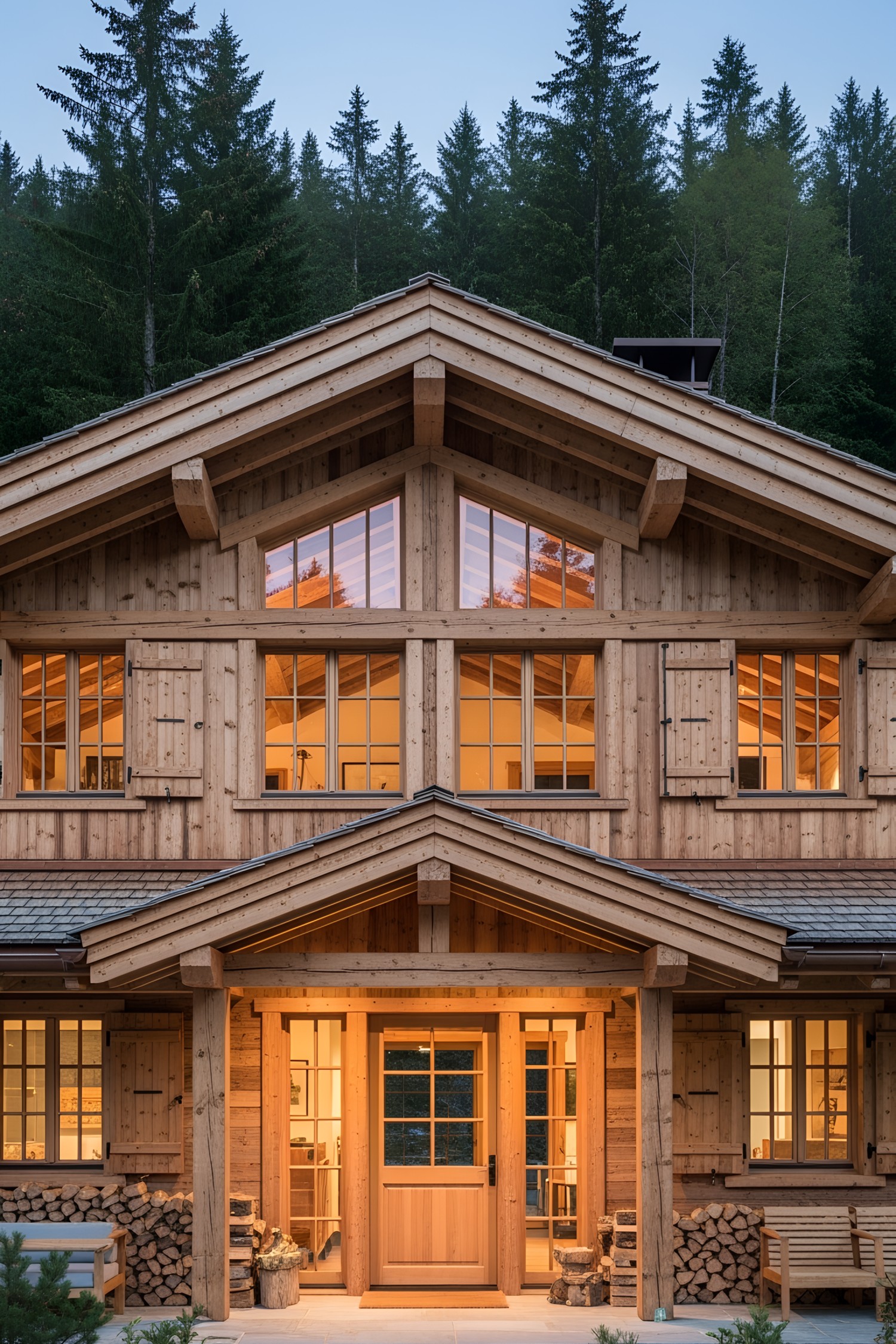 Rustic wooden chalet with warm lighting against a forest backdrop