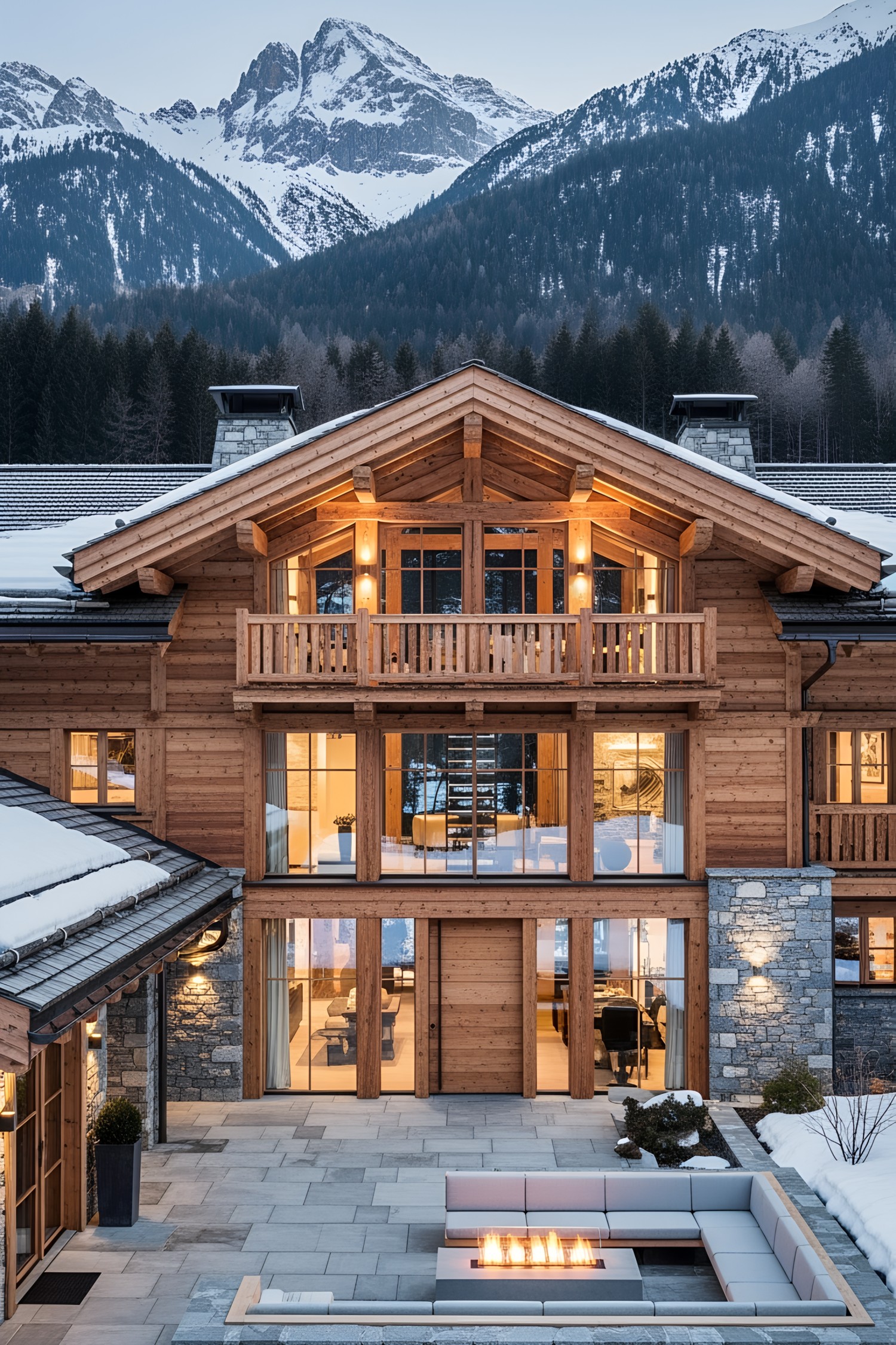 A grand wooden chalet amidst a mountain backdrop
