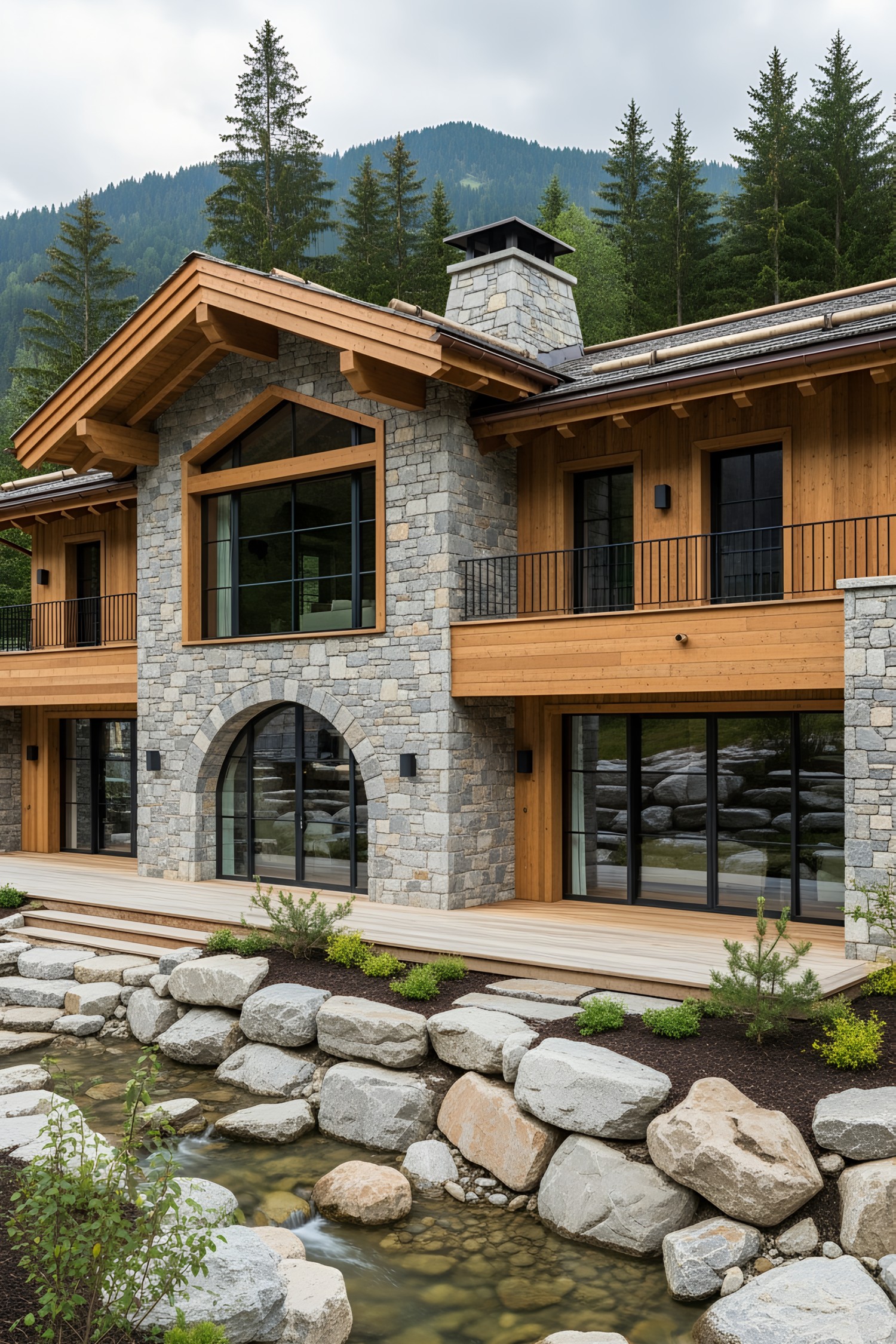 Stone chalet nestled against a forest backdrop