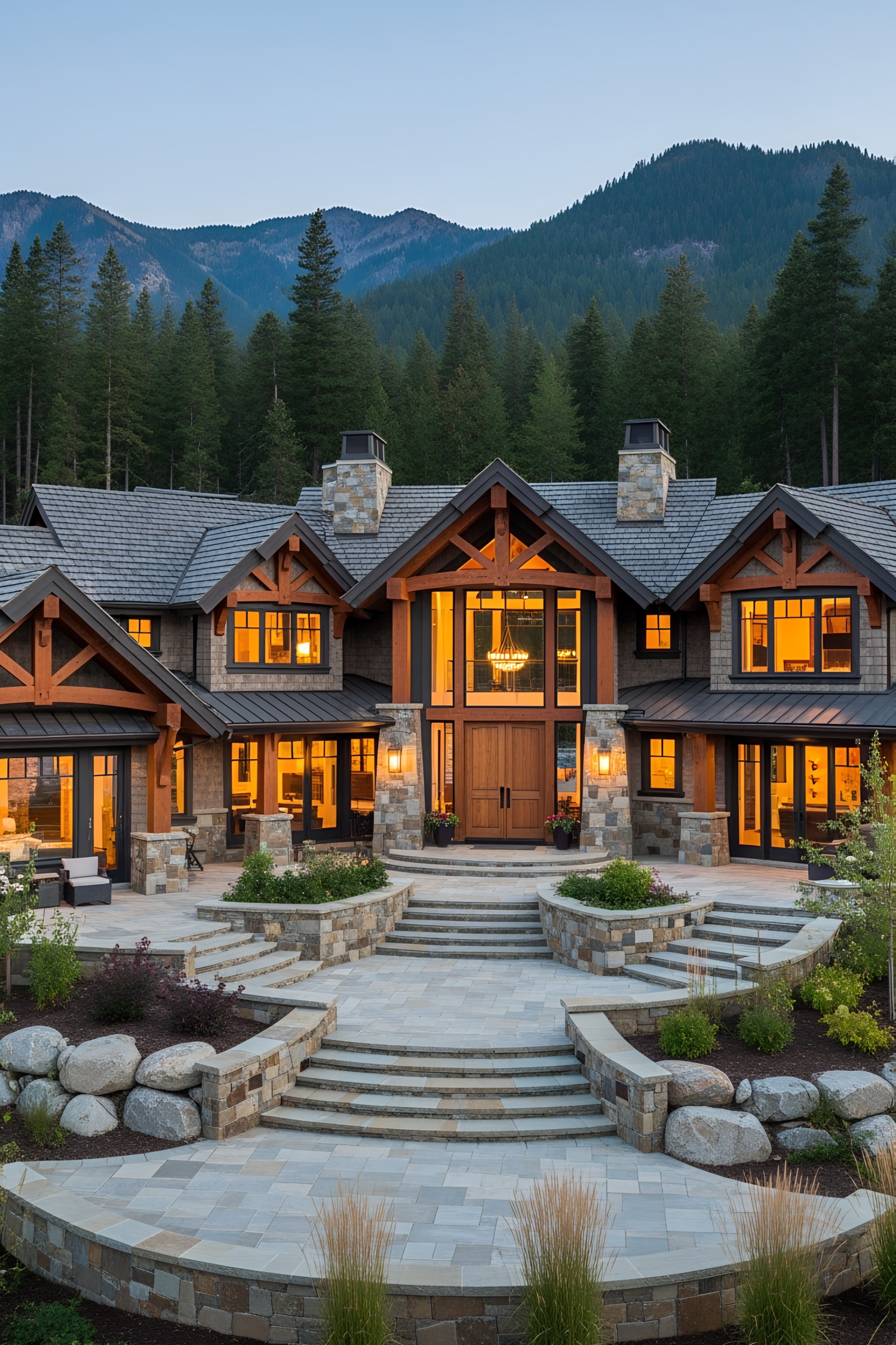 Rustic lake house with mountains in background