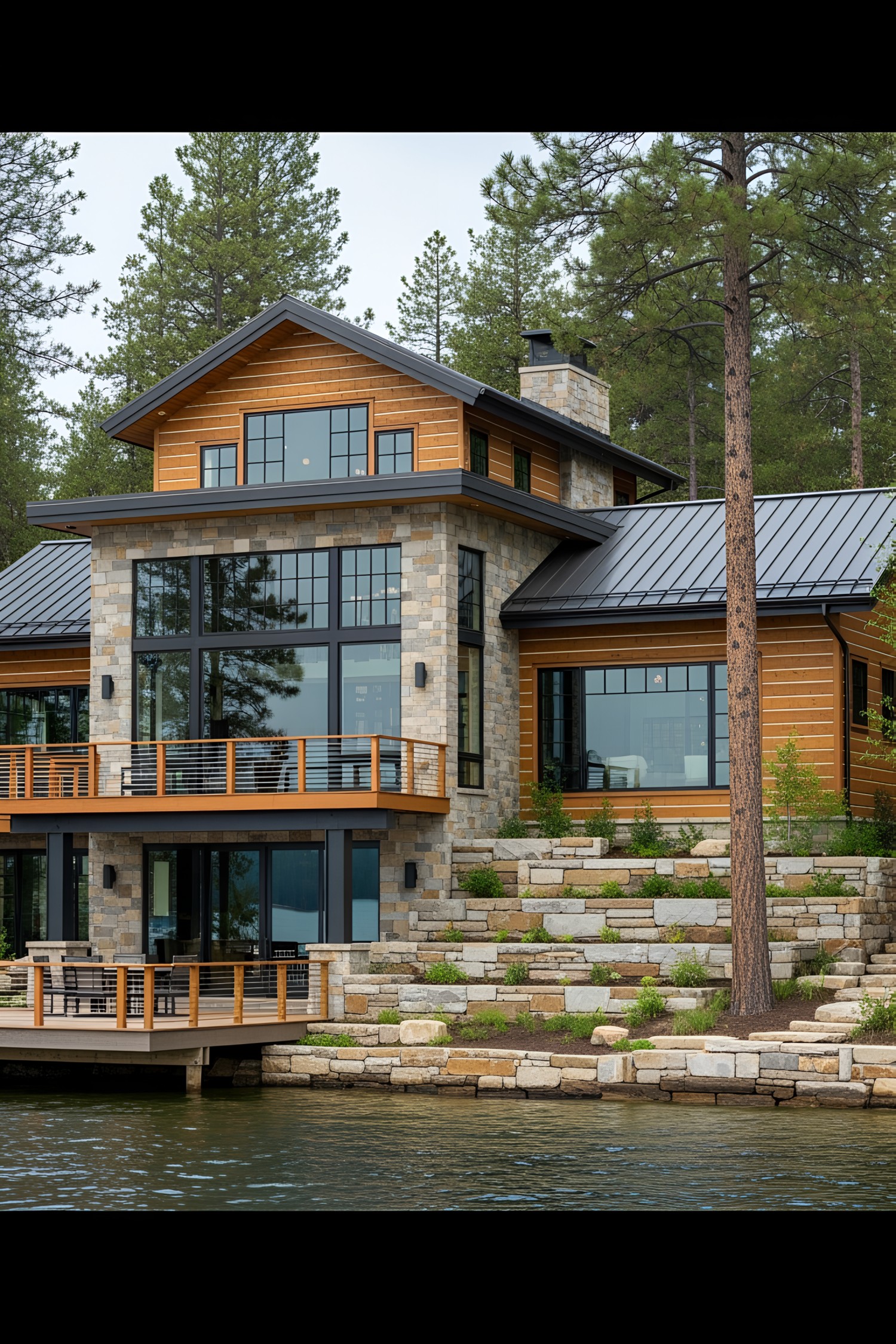 Luxurious stone and wood lake house with large windows