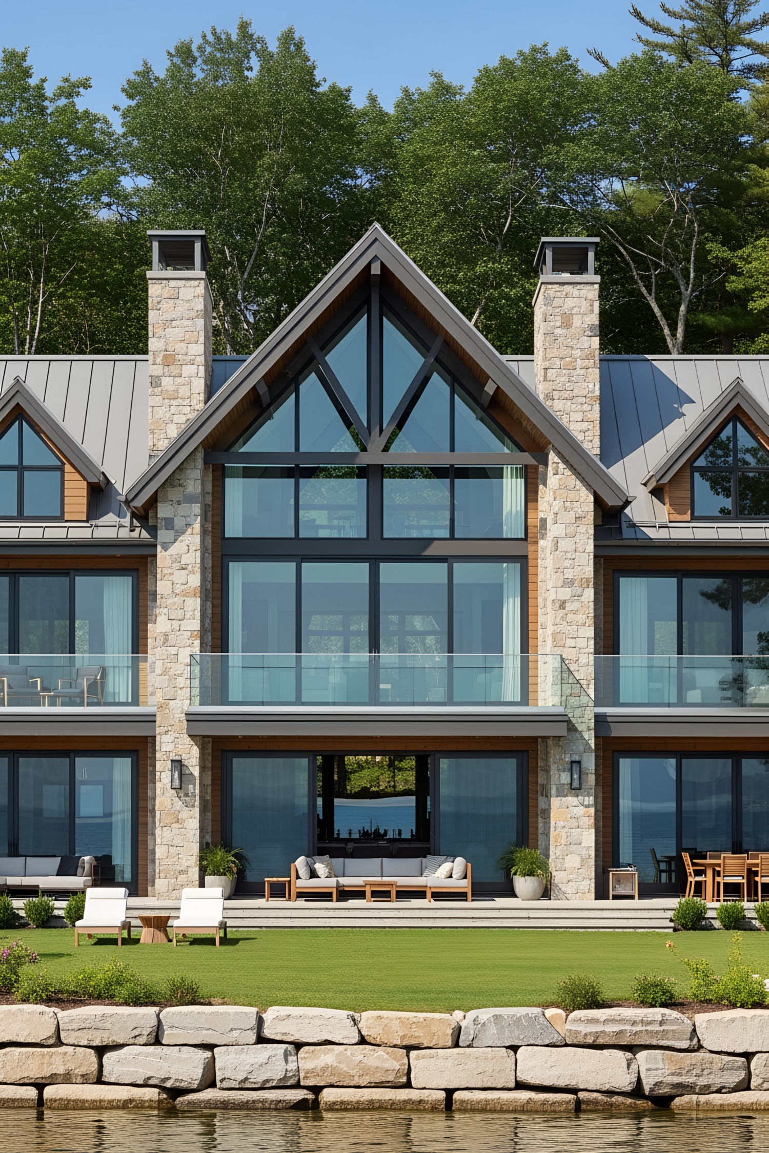 Luxury lake house with large windows and lush lawn
