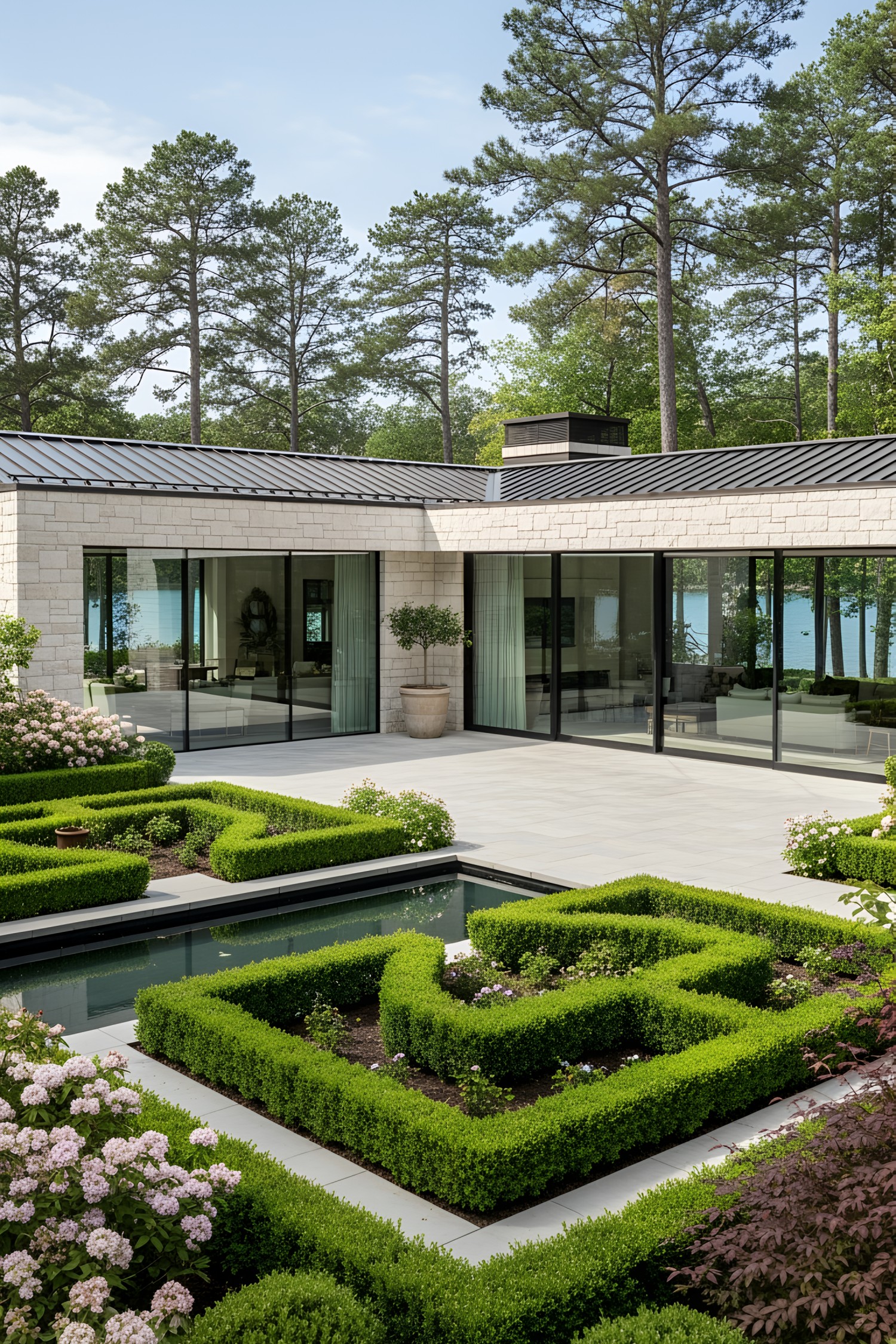 Elegant lake house with manicured gardens and modern design