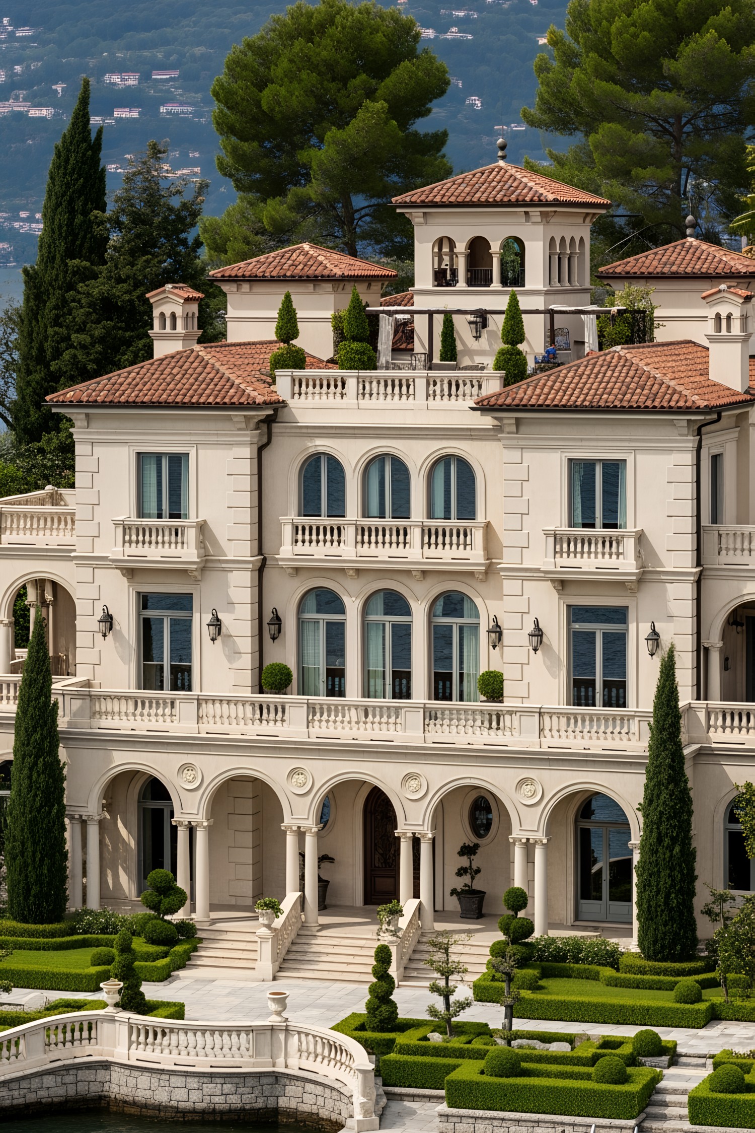 Elegant lakefront mansion with grand arches and lush gardens