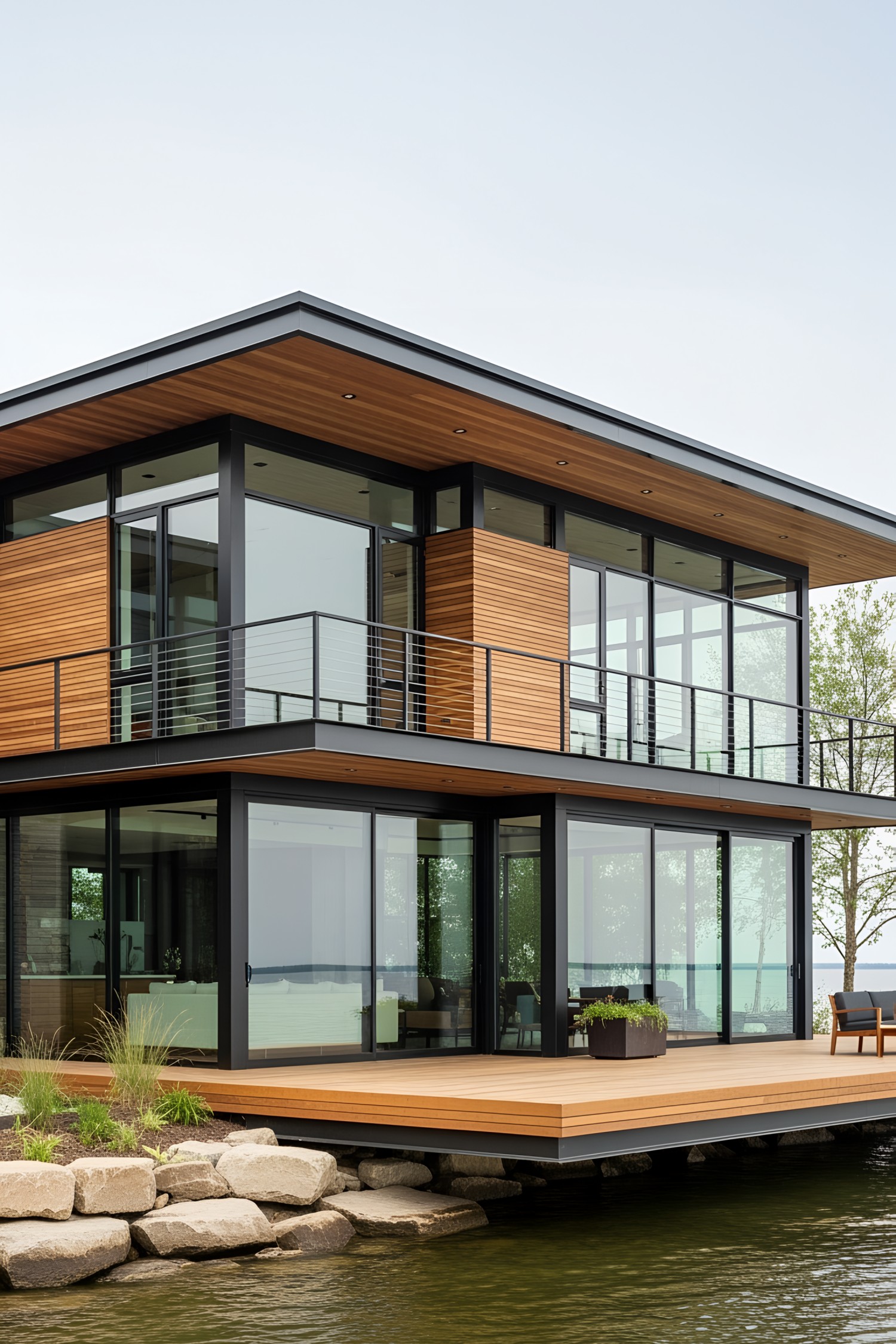 Sleek modern lake house with wooden accents and large glass windows
