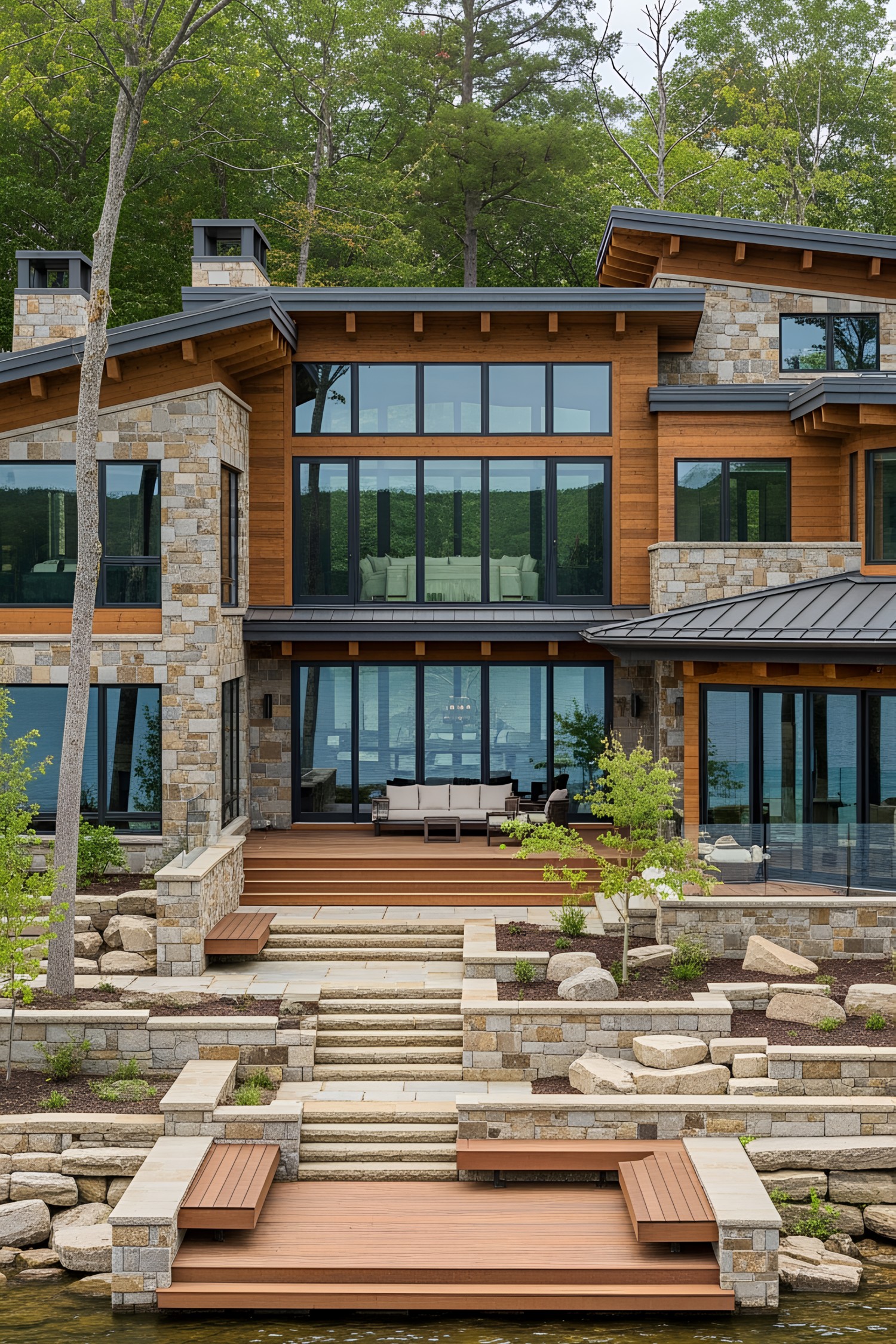 Luxury home with large windows and natural stone accents