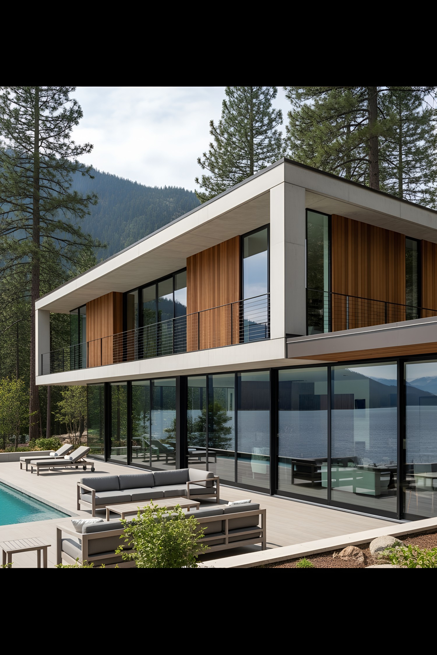 Modern lake house with wooden accents and poolside lounge