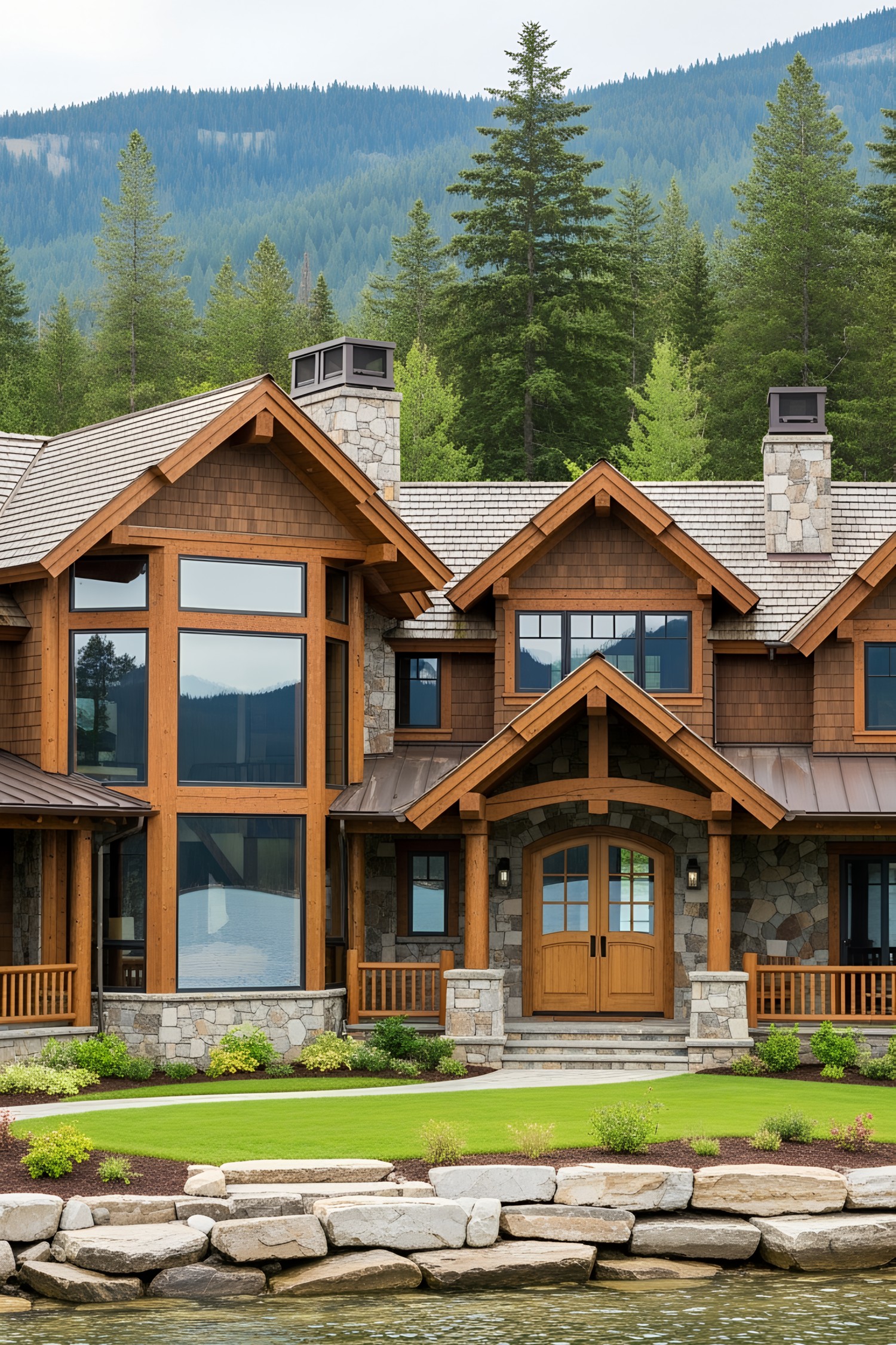 Spacious wooden house by a lake with mountains in the background
