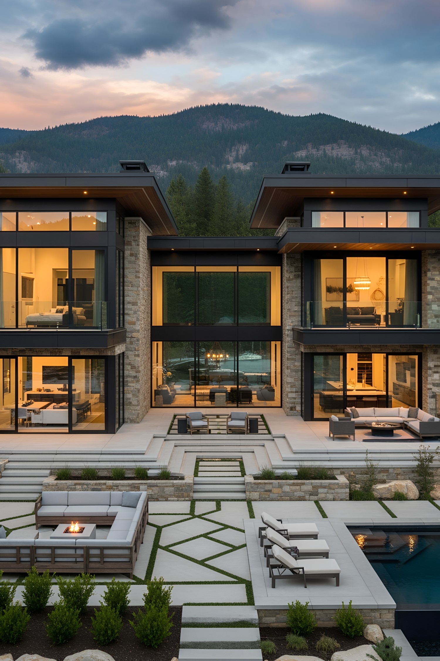 Lakeside luxury home with modern design and mountain backdrop