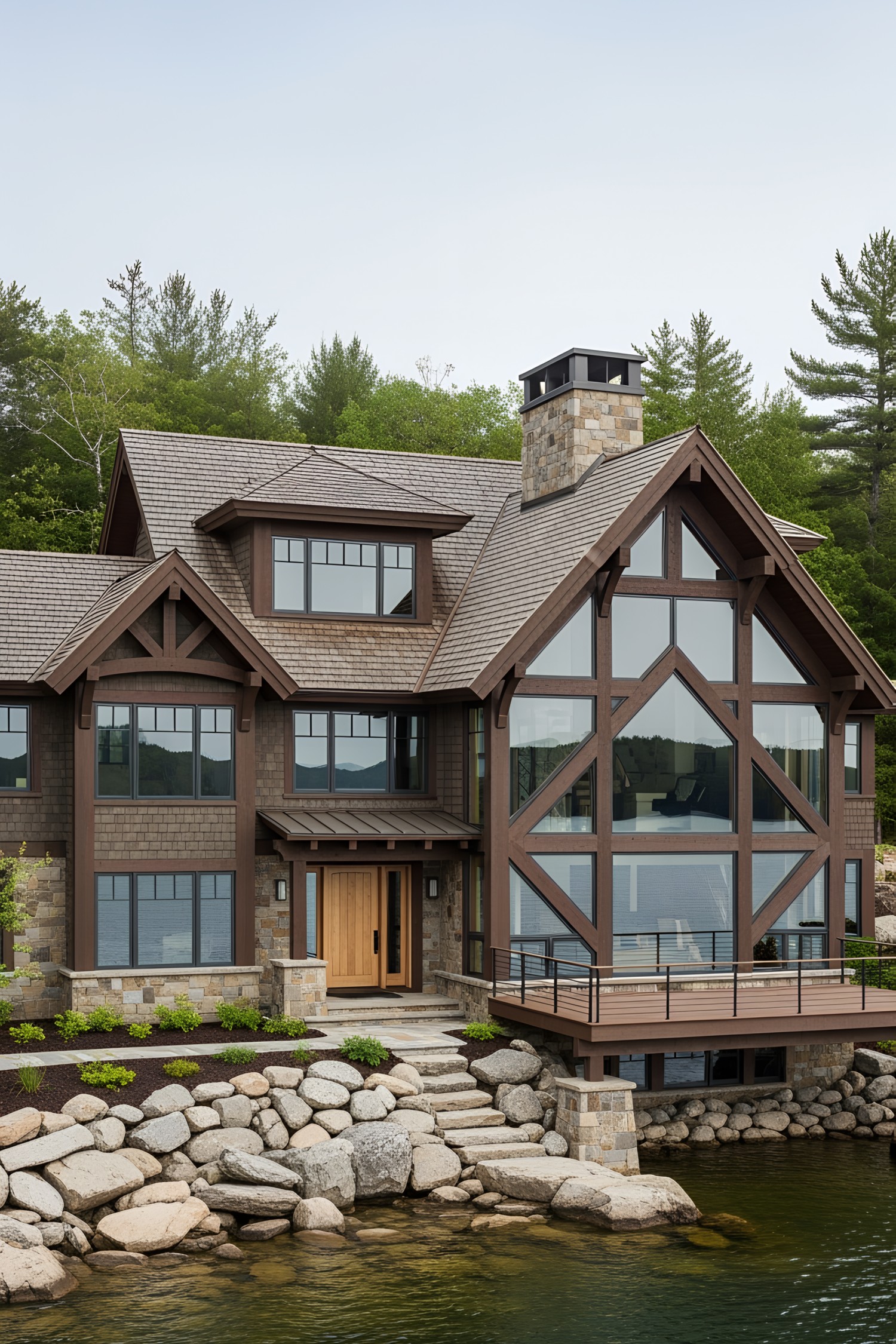 Rustic lake house with timber beams and glass facade