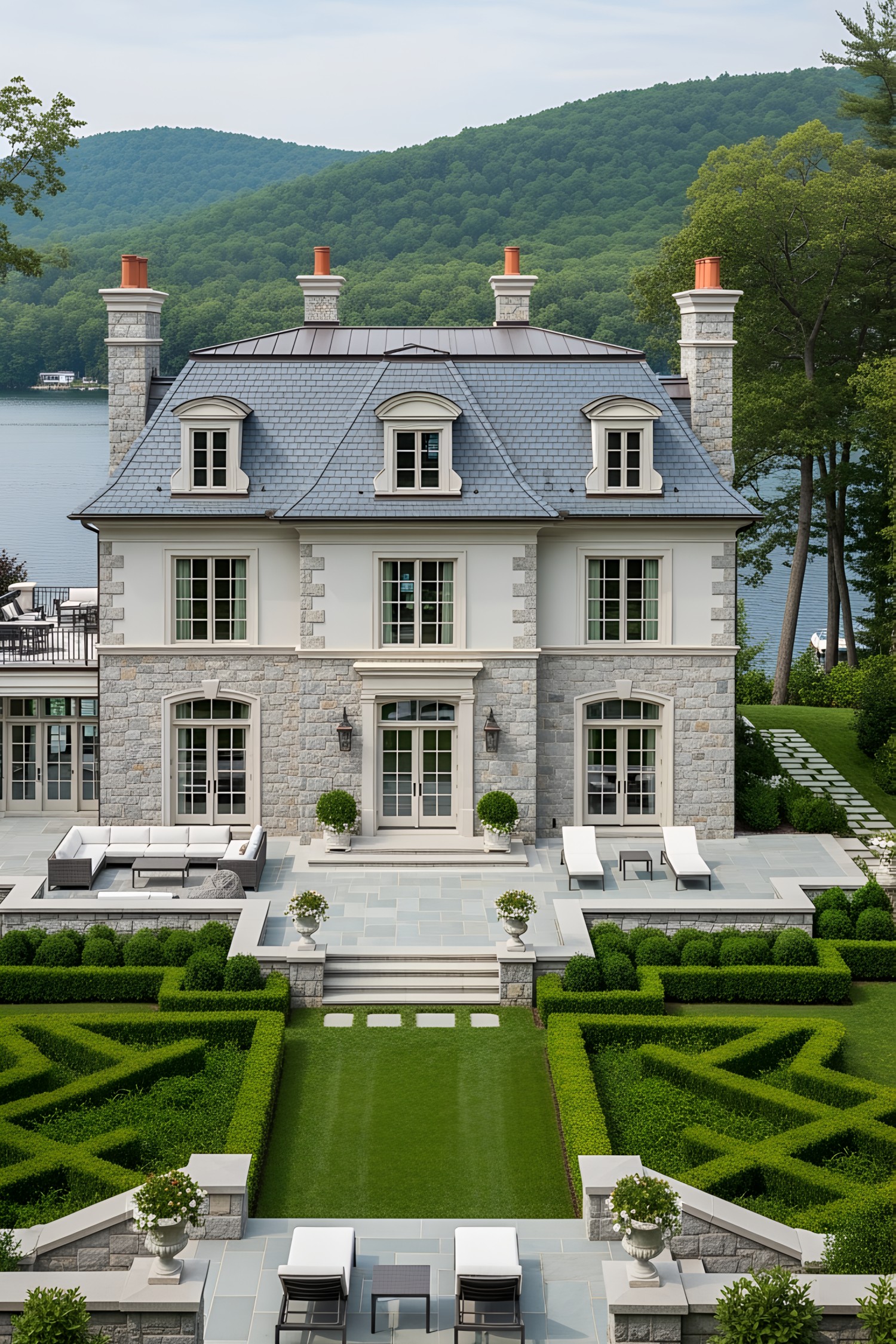 Elegant stone mansion by a serene lake