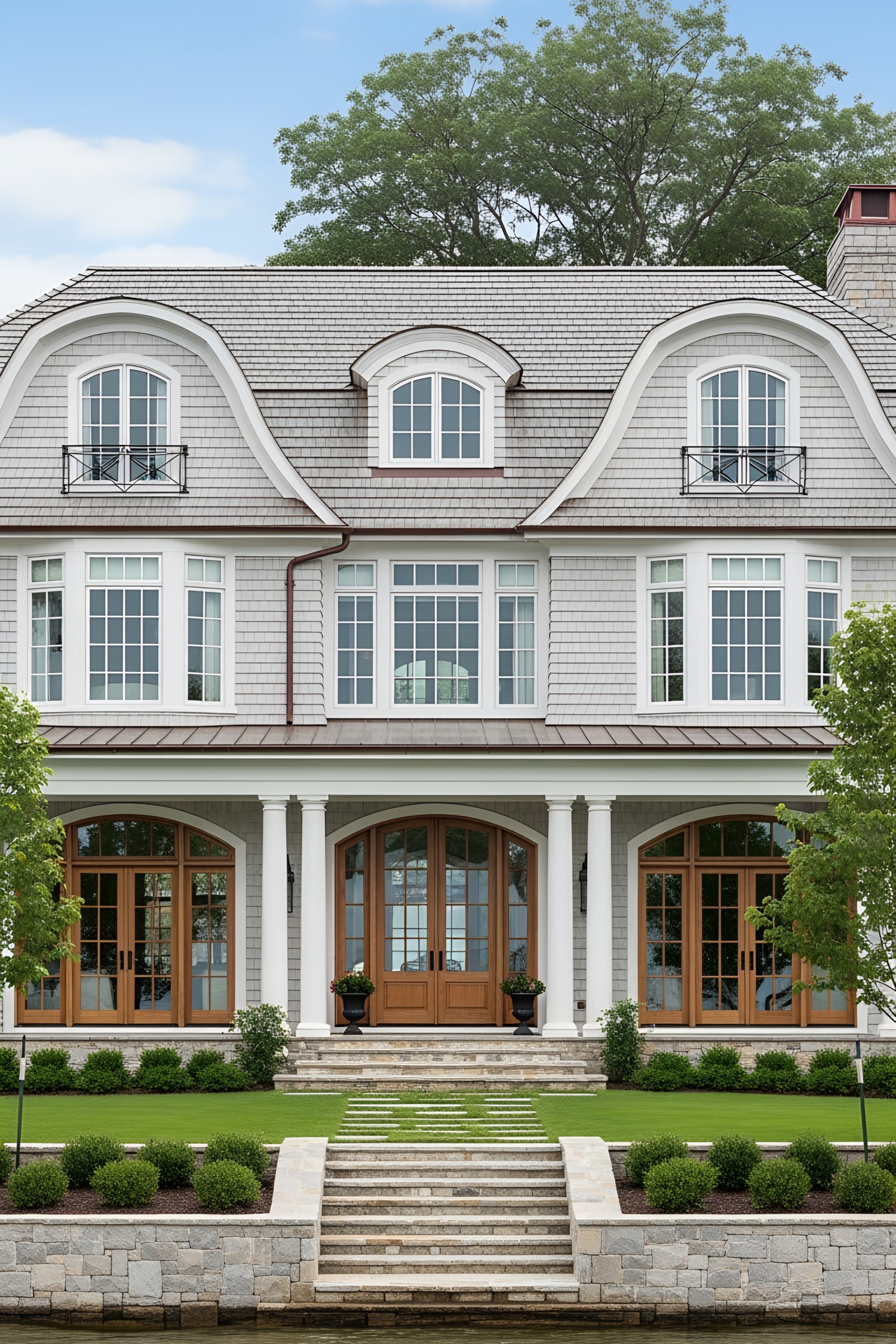 Elegant lakefront home with a classic design and well-manicured lawn