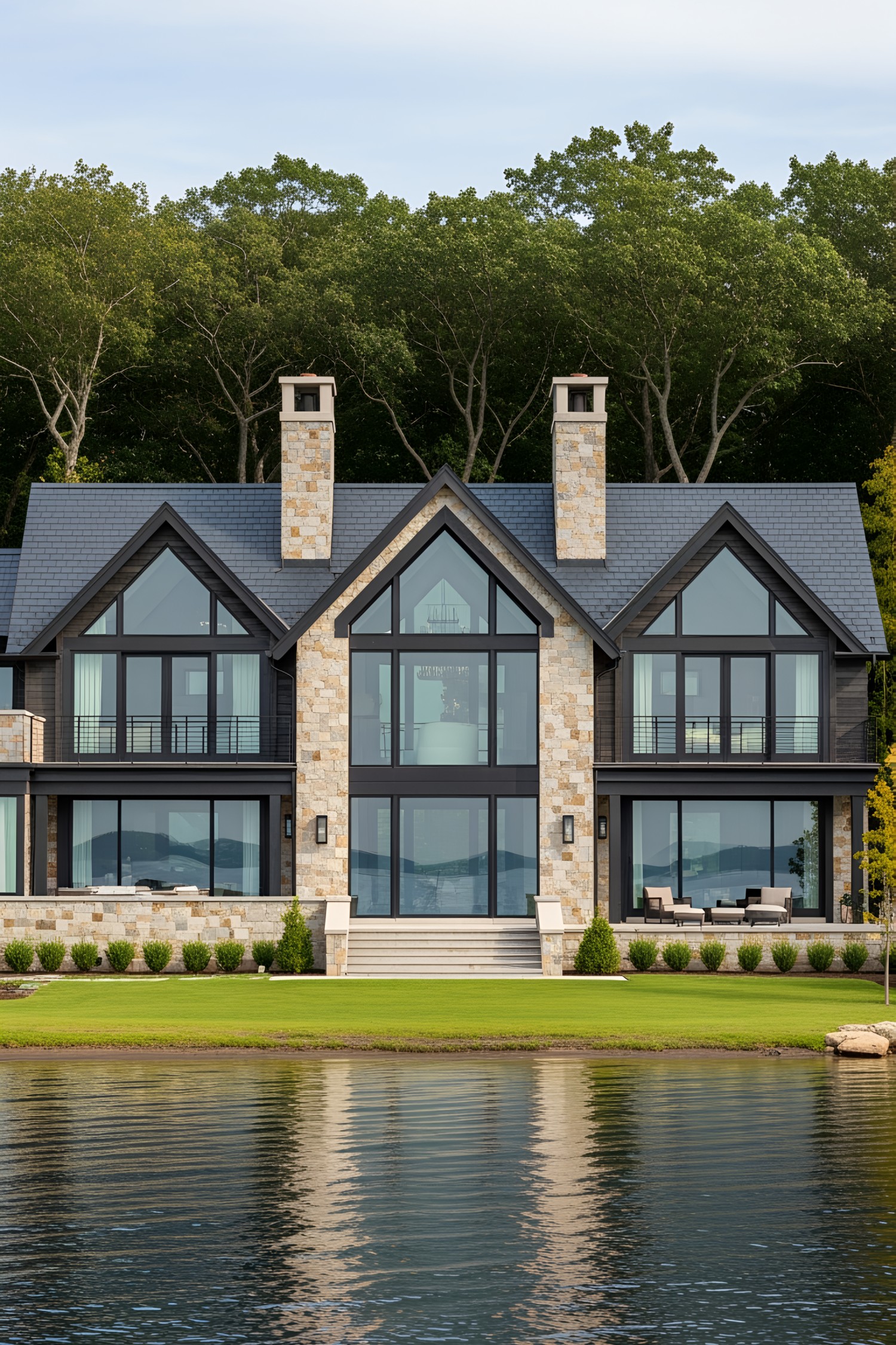 Luxurious lakefront house with large windows and stone chimneys