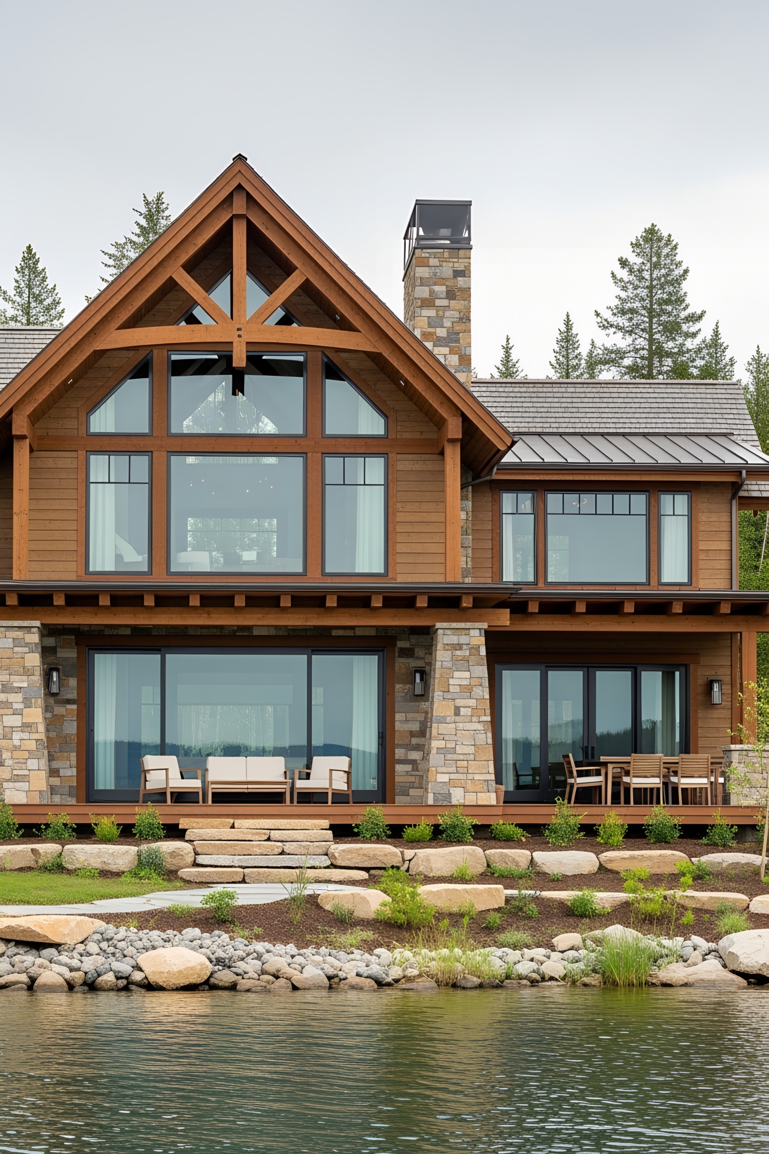 Lakefront house with wooden beams and stone accents
