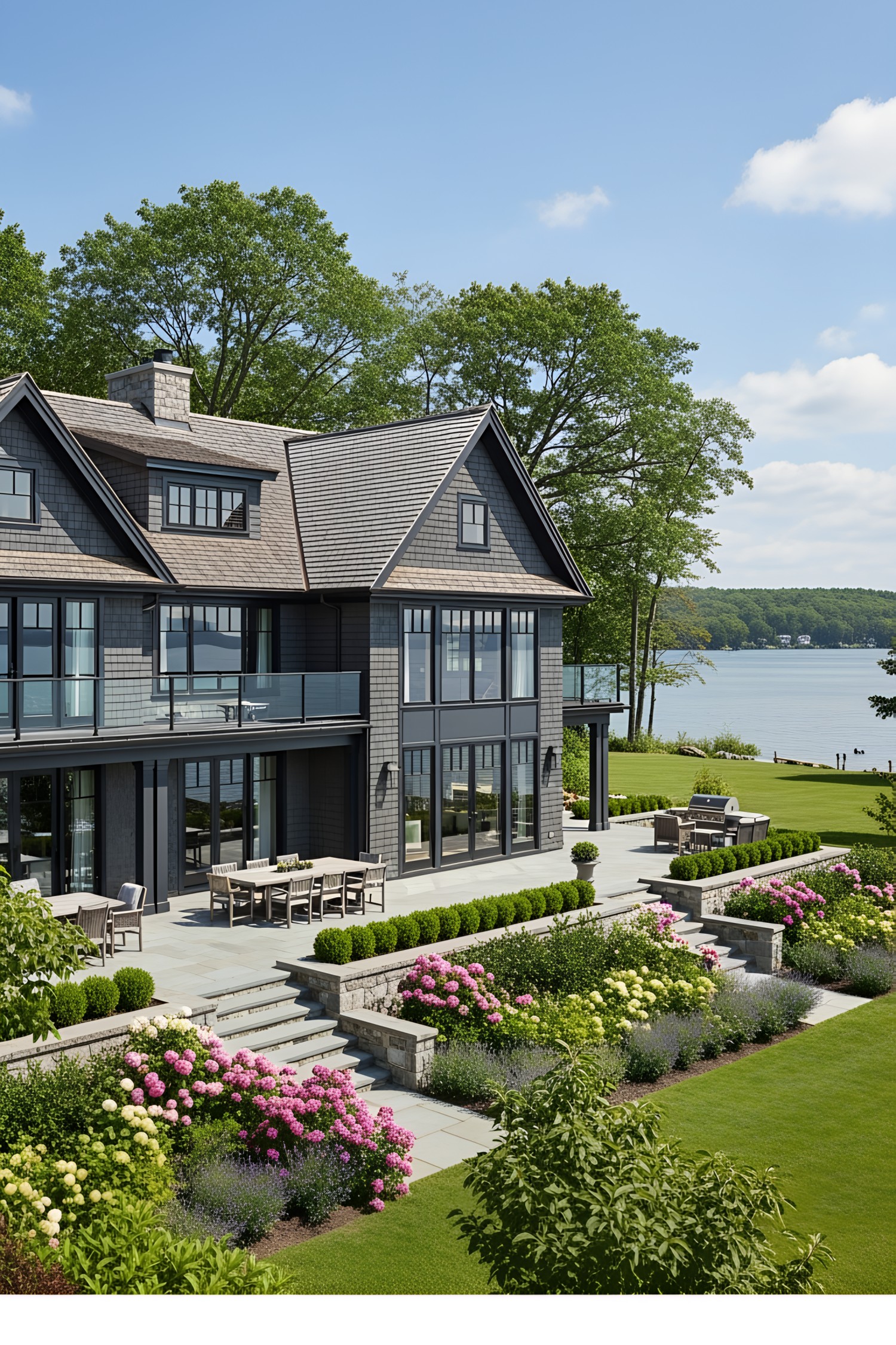 Luxury house with patio, garden, and lake view