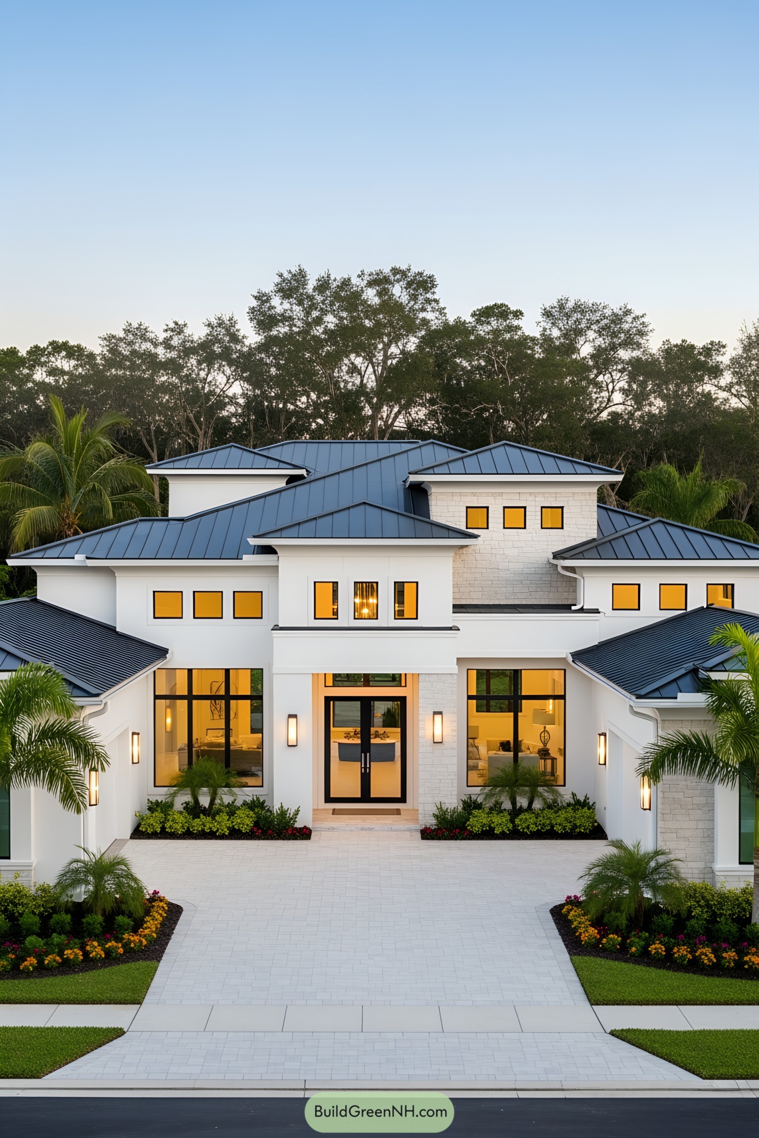 Luxurious white house with large windows and a sleek roof