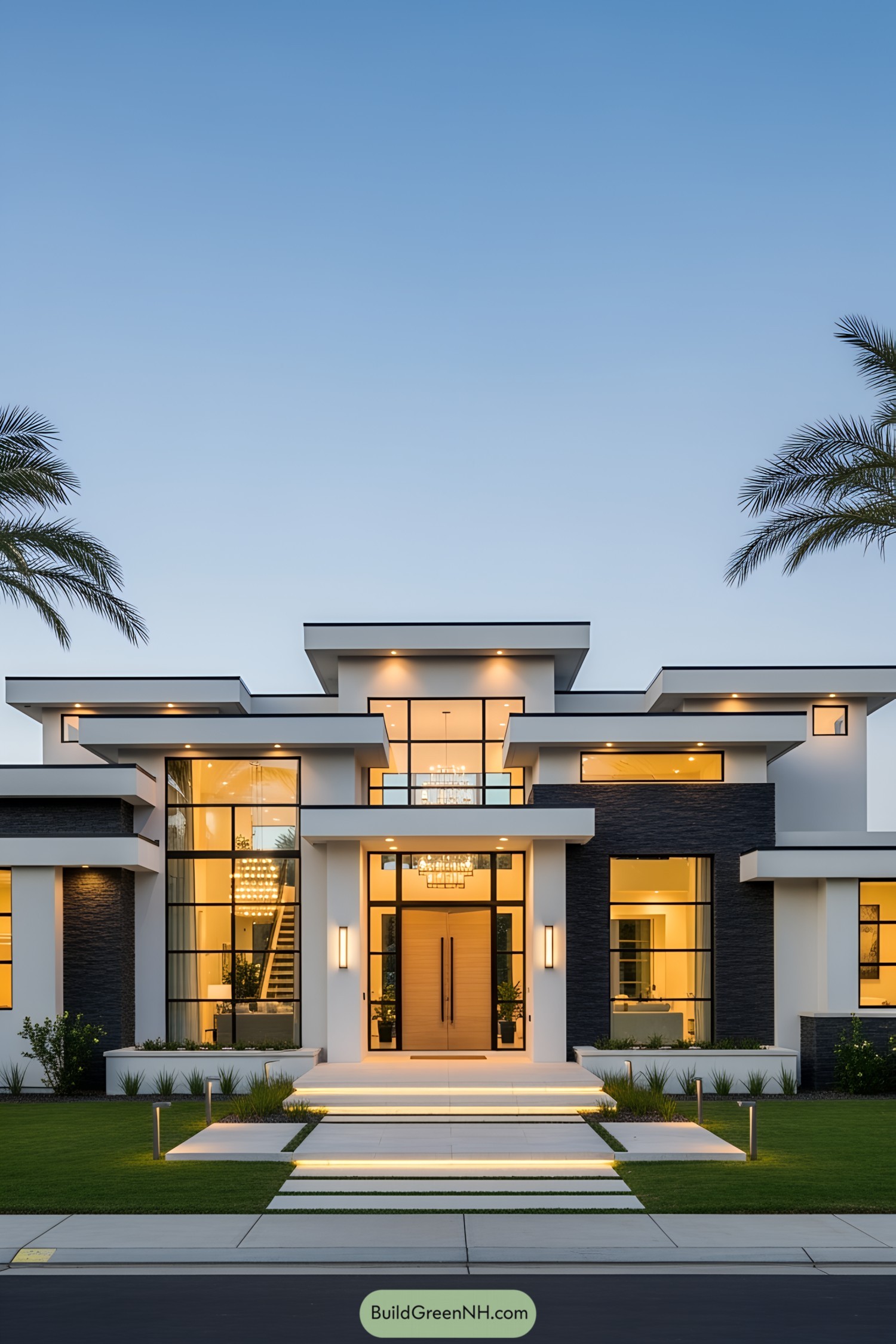 Sleek one-story home with large windows and palm trees