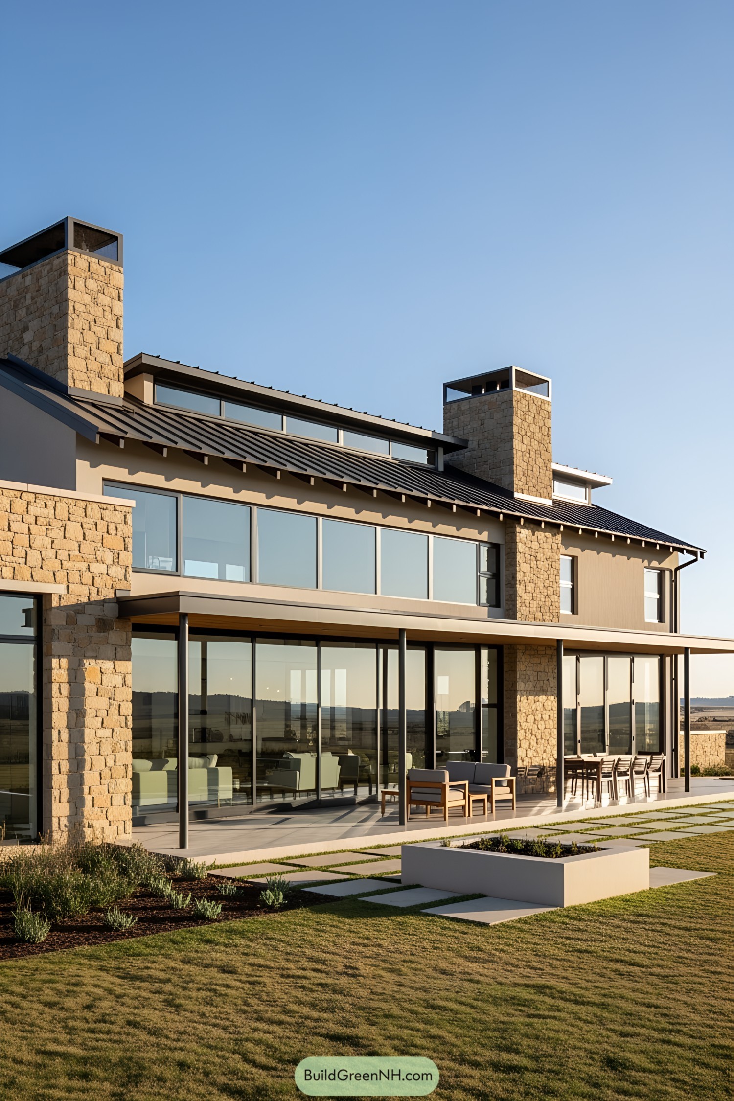 Modern one-story luxury home with large windows and stone accents