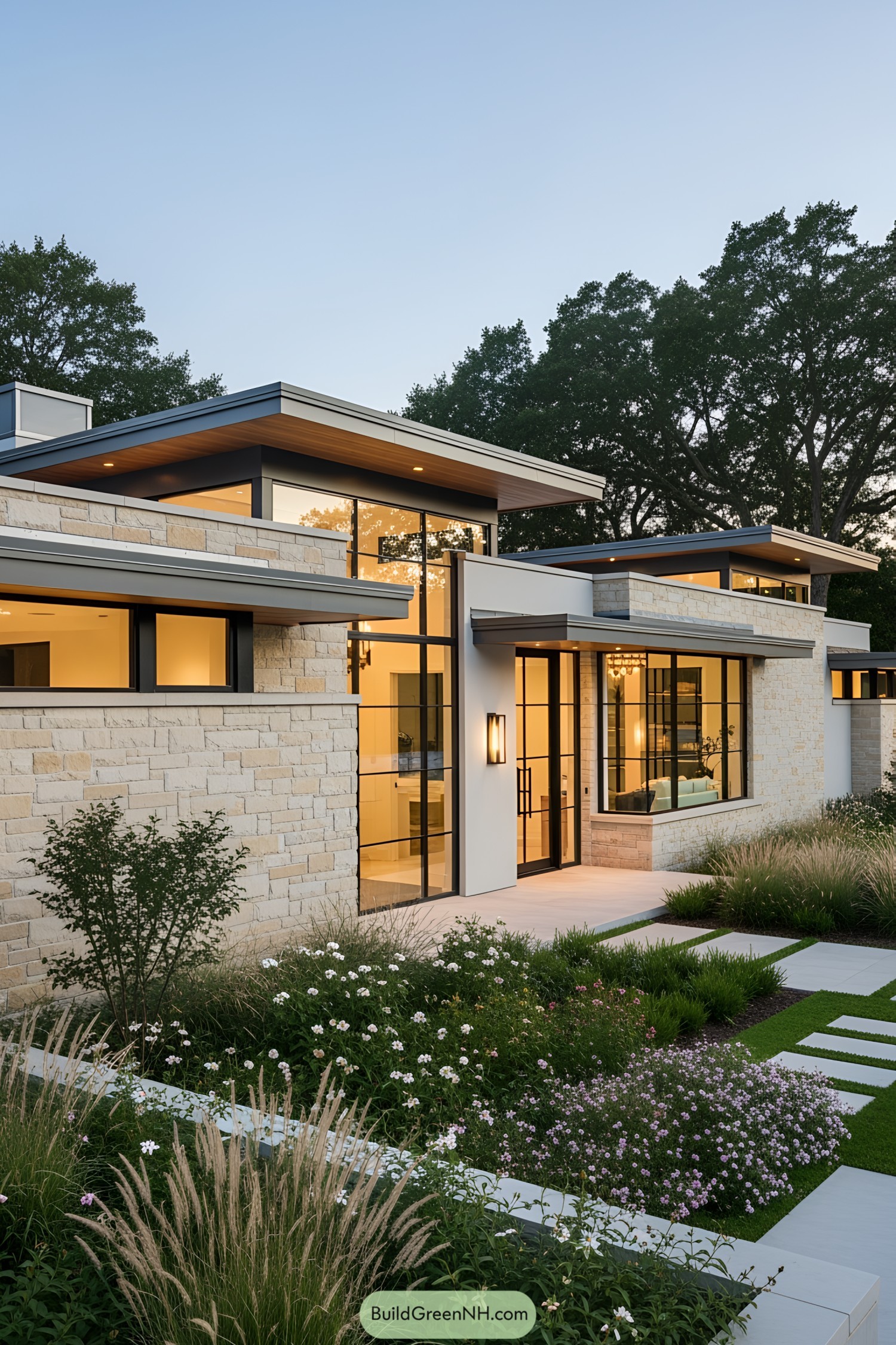 One-story luxury house with large windows and stone facade