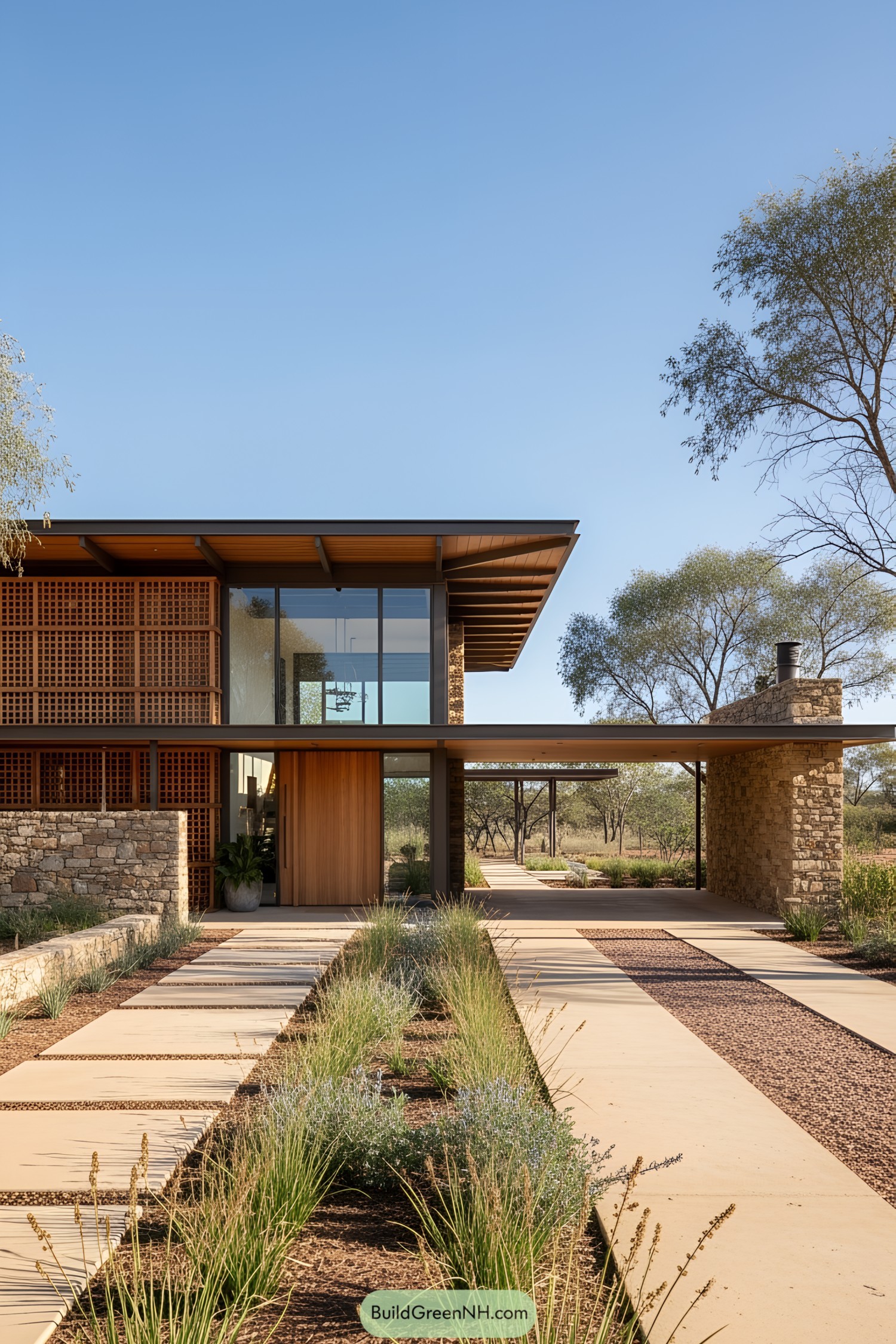 Modern luxury home with large glass windows and stone facade