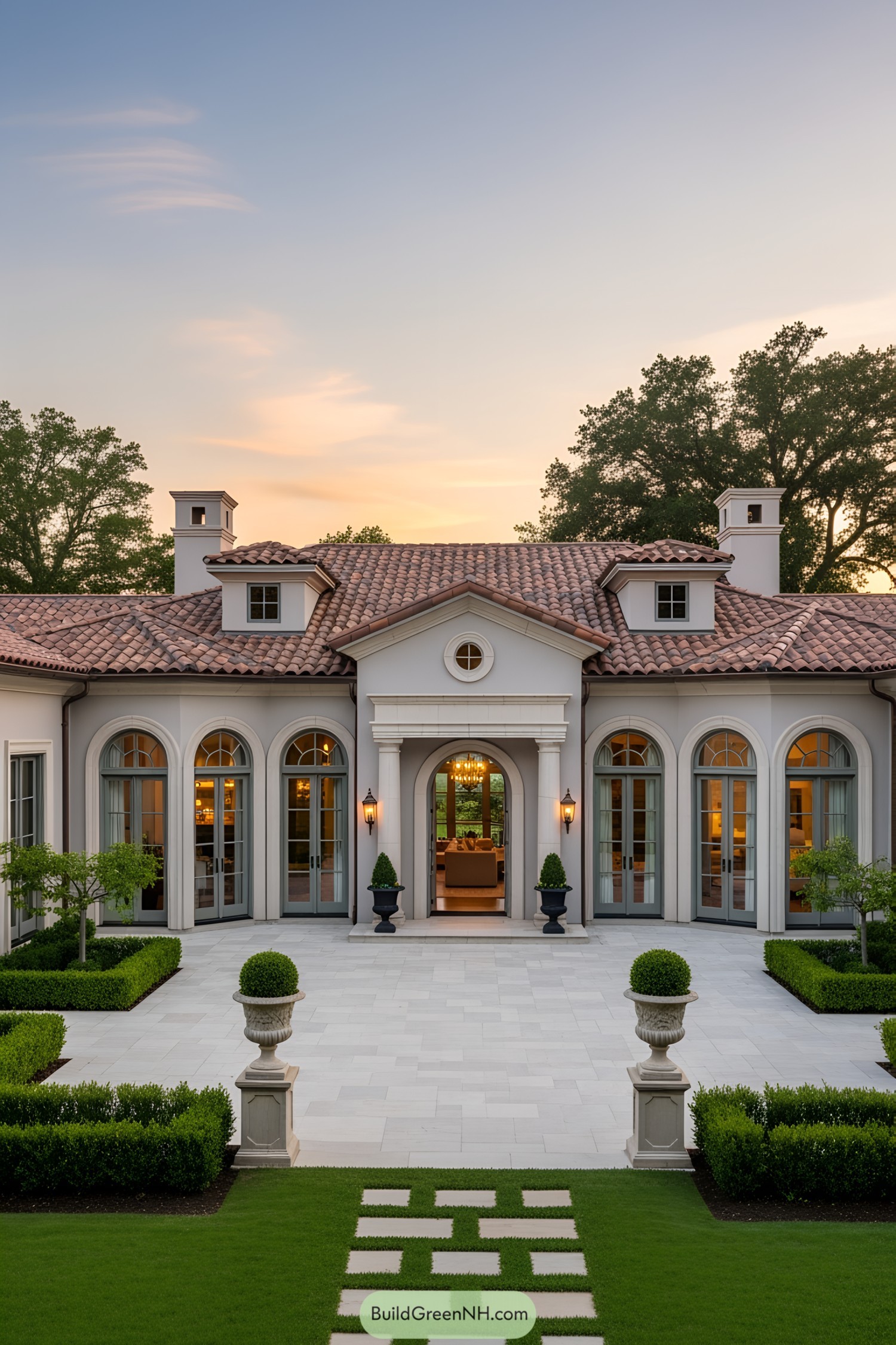 Elegant luxury home with a grand entrance and lush landscaping