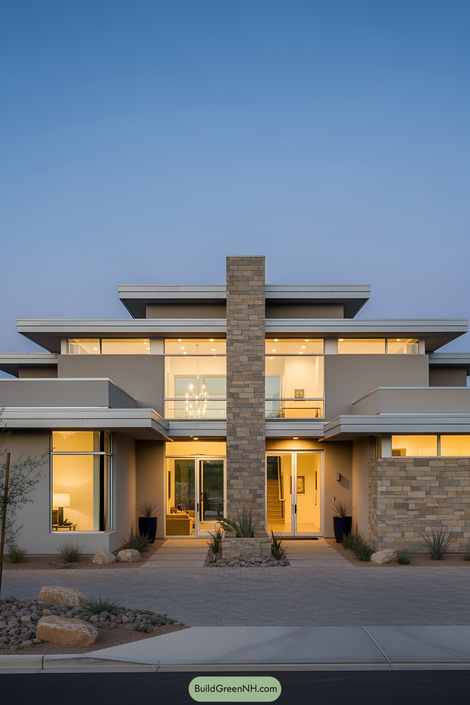Modern luxury single-story home with large windows and stone accents