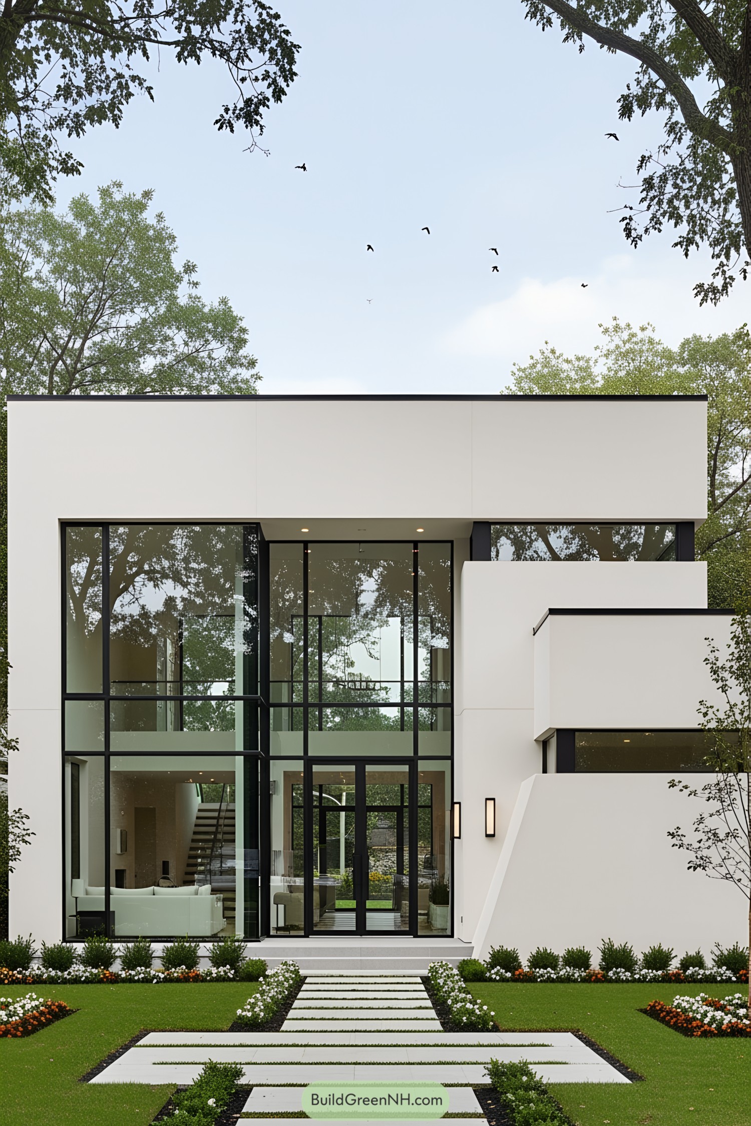 Modern one-story home with large glass windows surrounded by trees