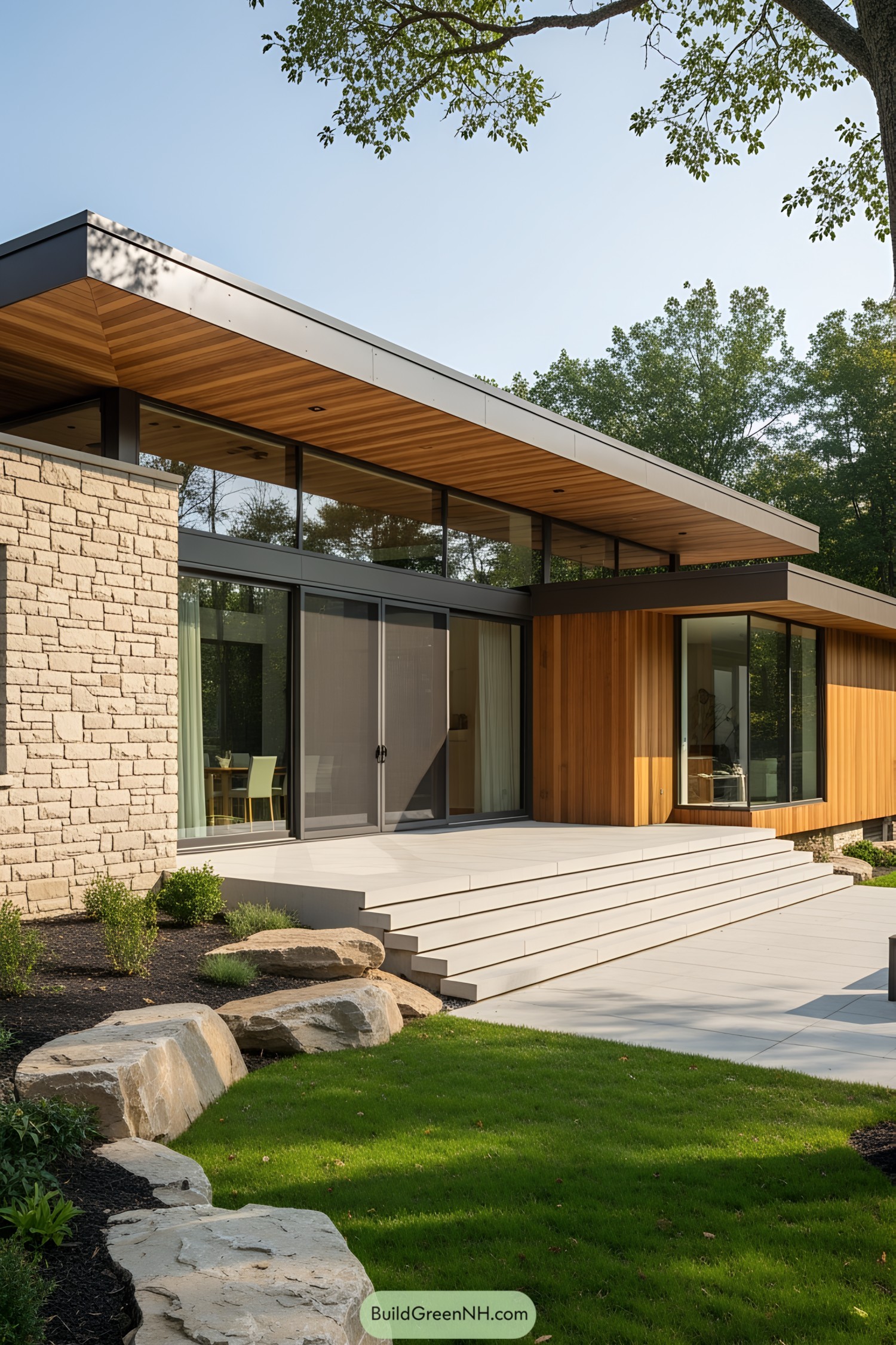 Modern one-story house with wooden and stone elements