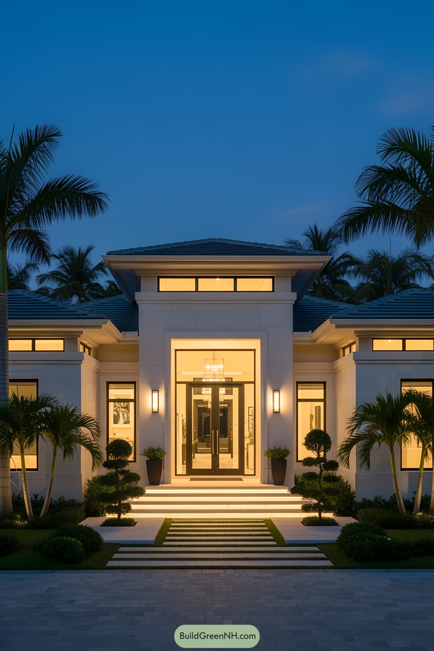 Modern one-story home with palm trees at dusk