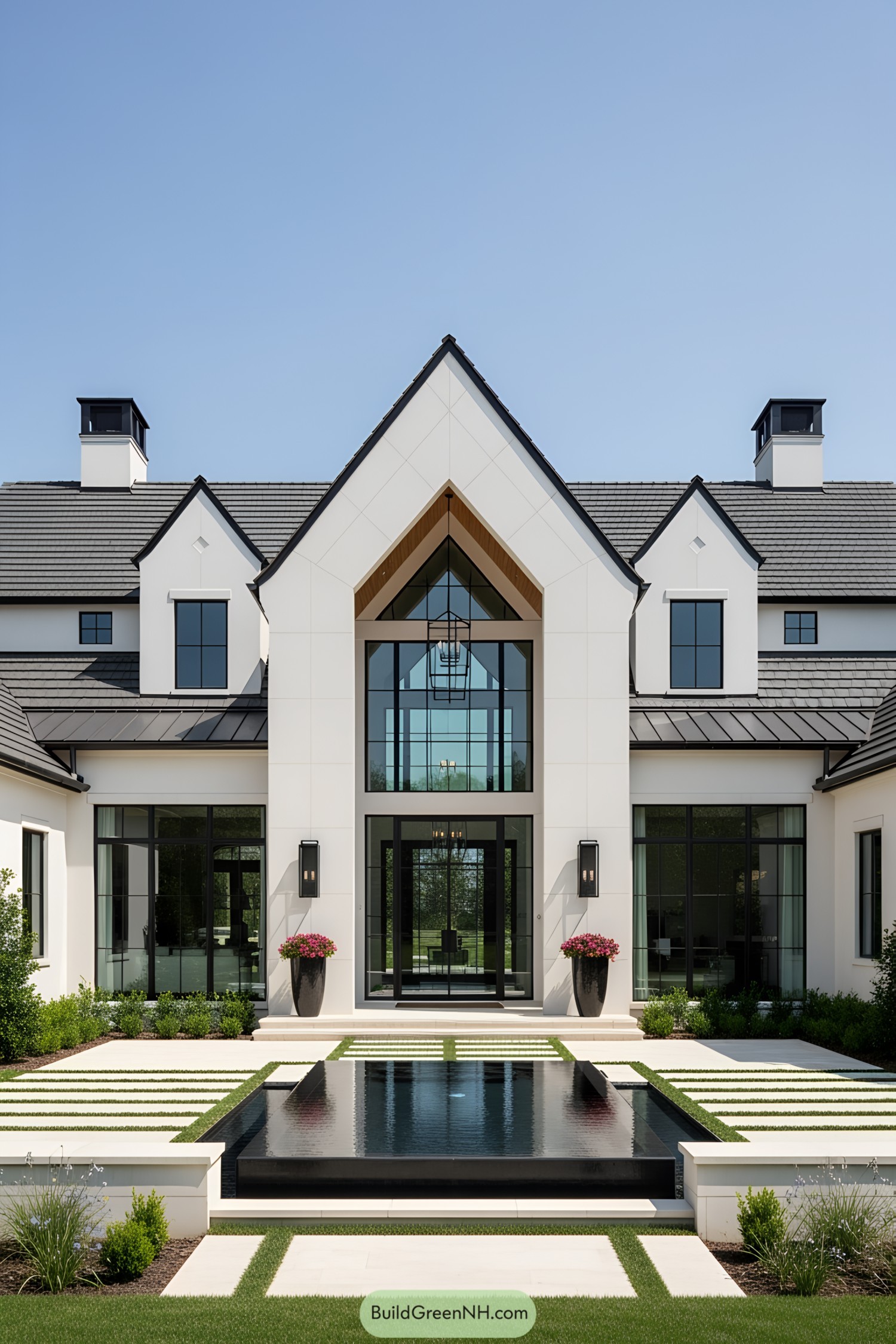Elegant one-story home with sleek glass windows and a beautiful water feature in front