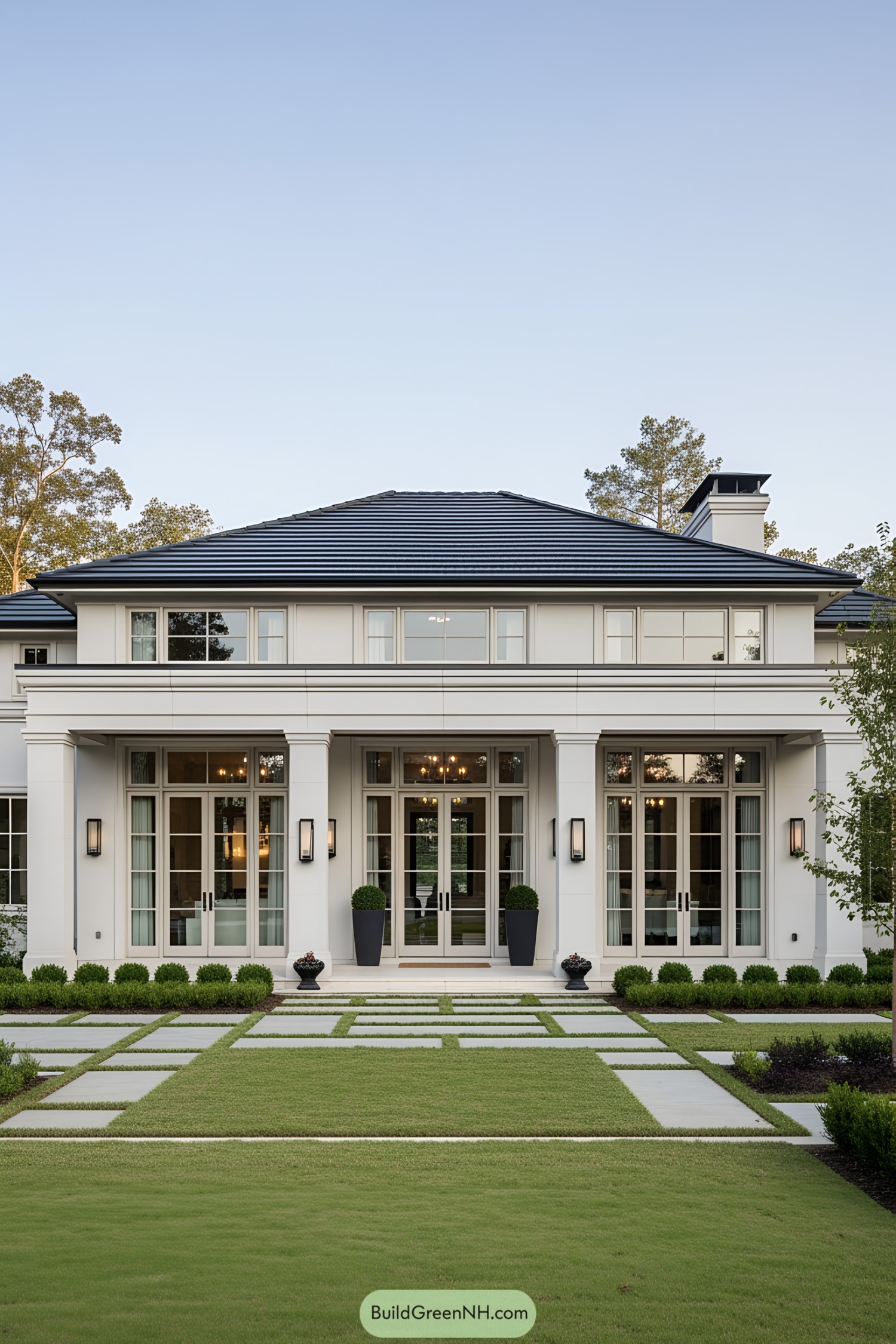 Sleek modern home entrance with large windows and manicured lawn