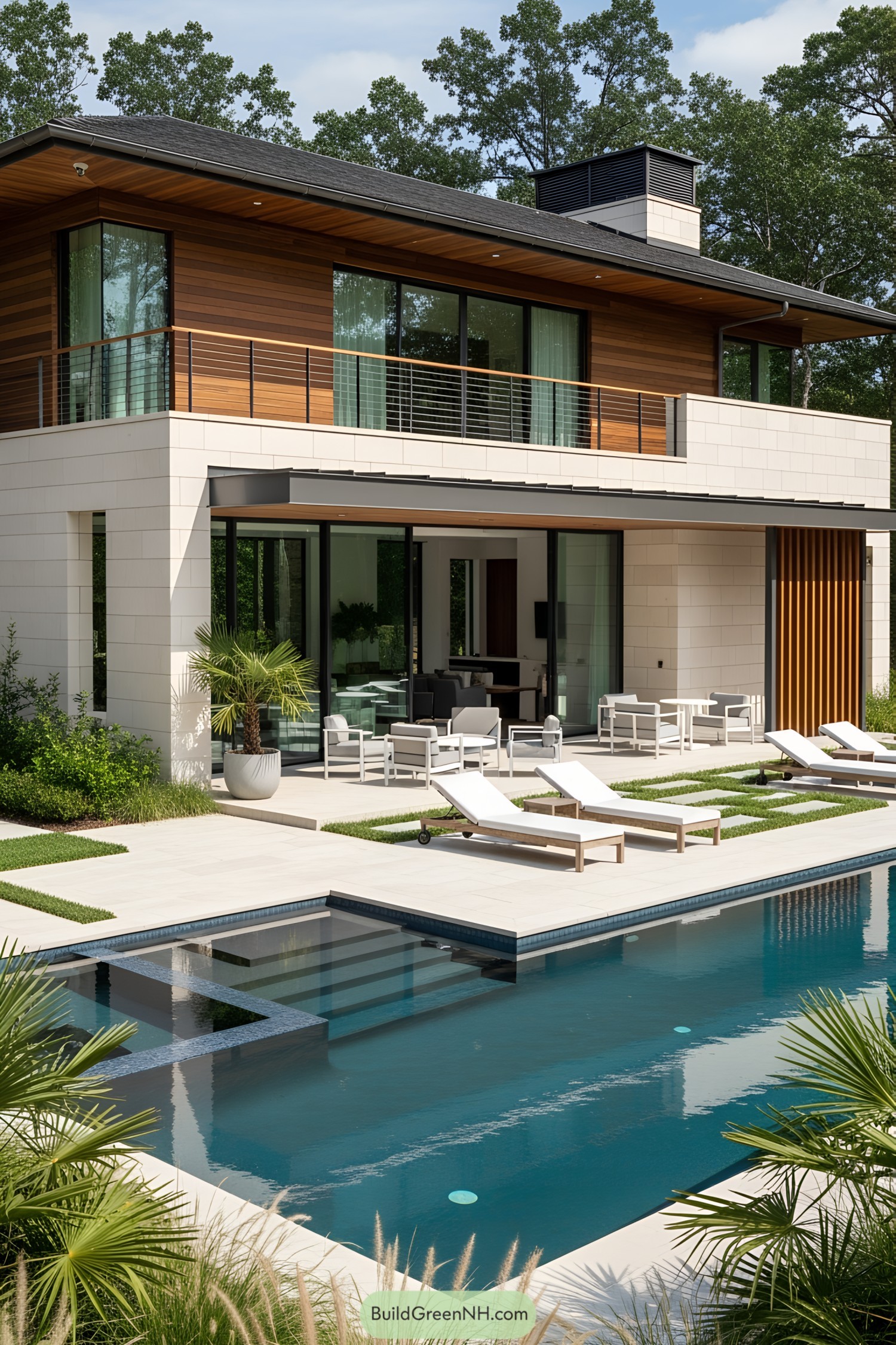 Modern pool house with a chic design and sleek pool
