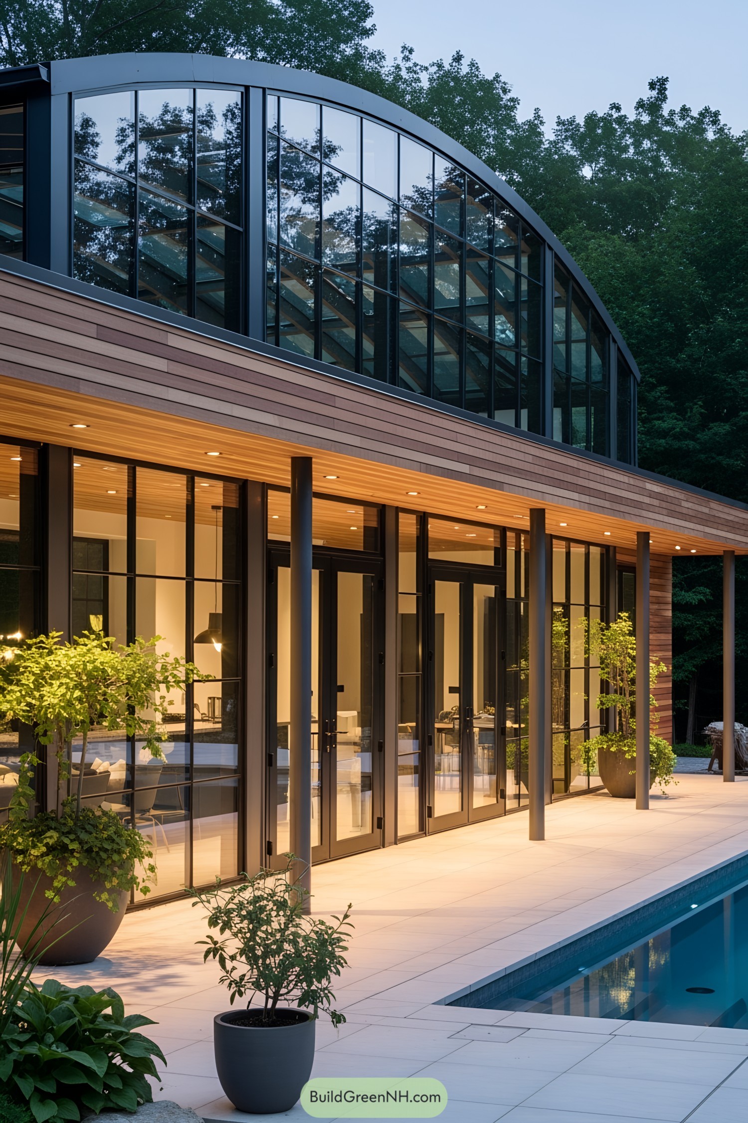 Modern poolside house with large glass windows