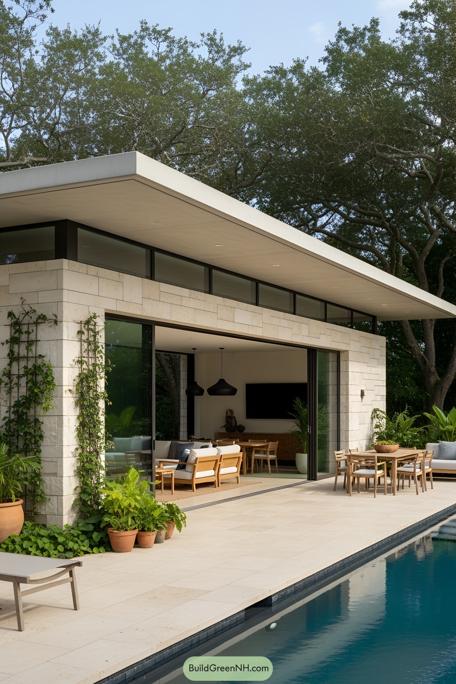Modern pool house beside an elegant pool with surrounding greenery