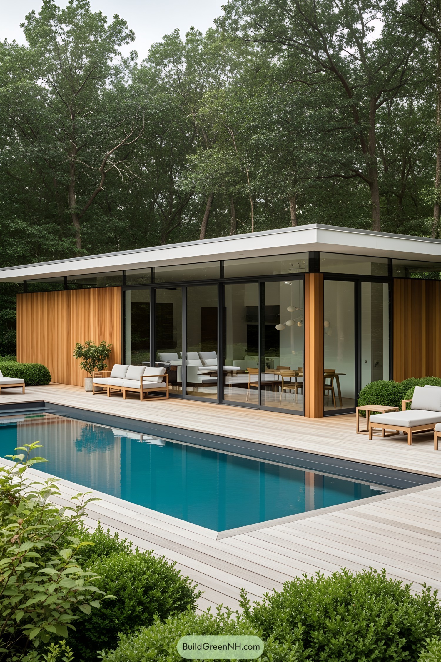 Modern pool house with sleek design and glass walls