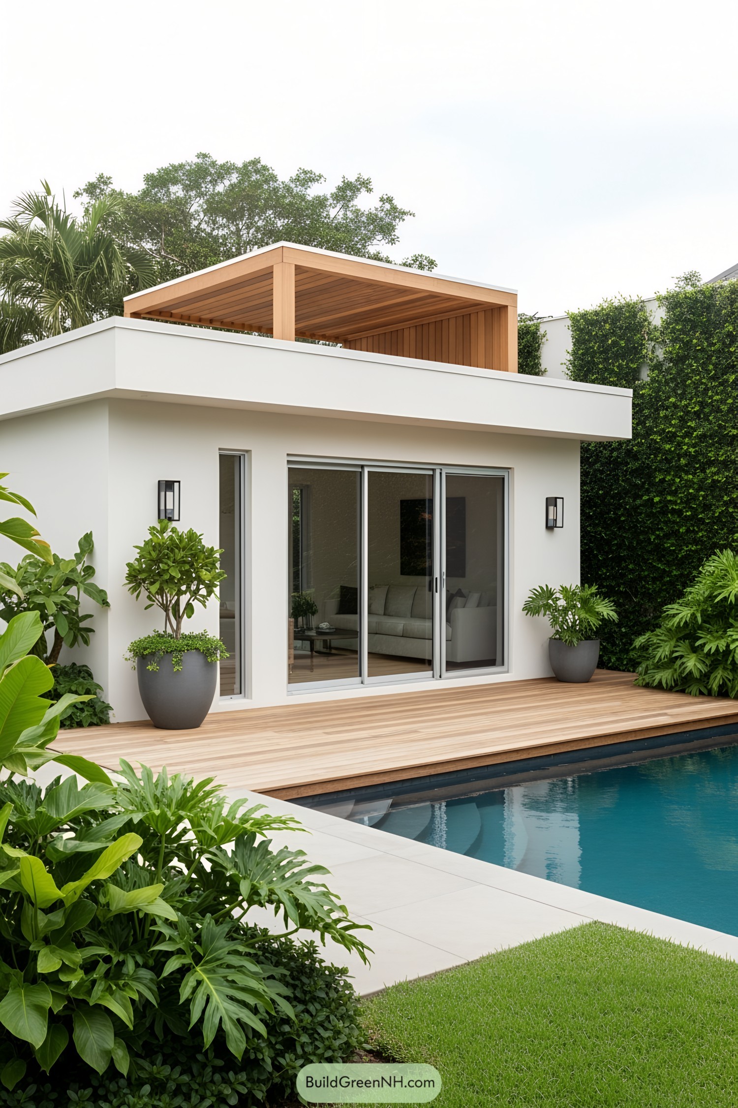 Modern pool house with sleek design and lush greenery
