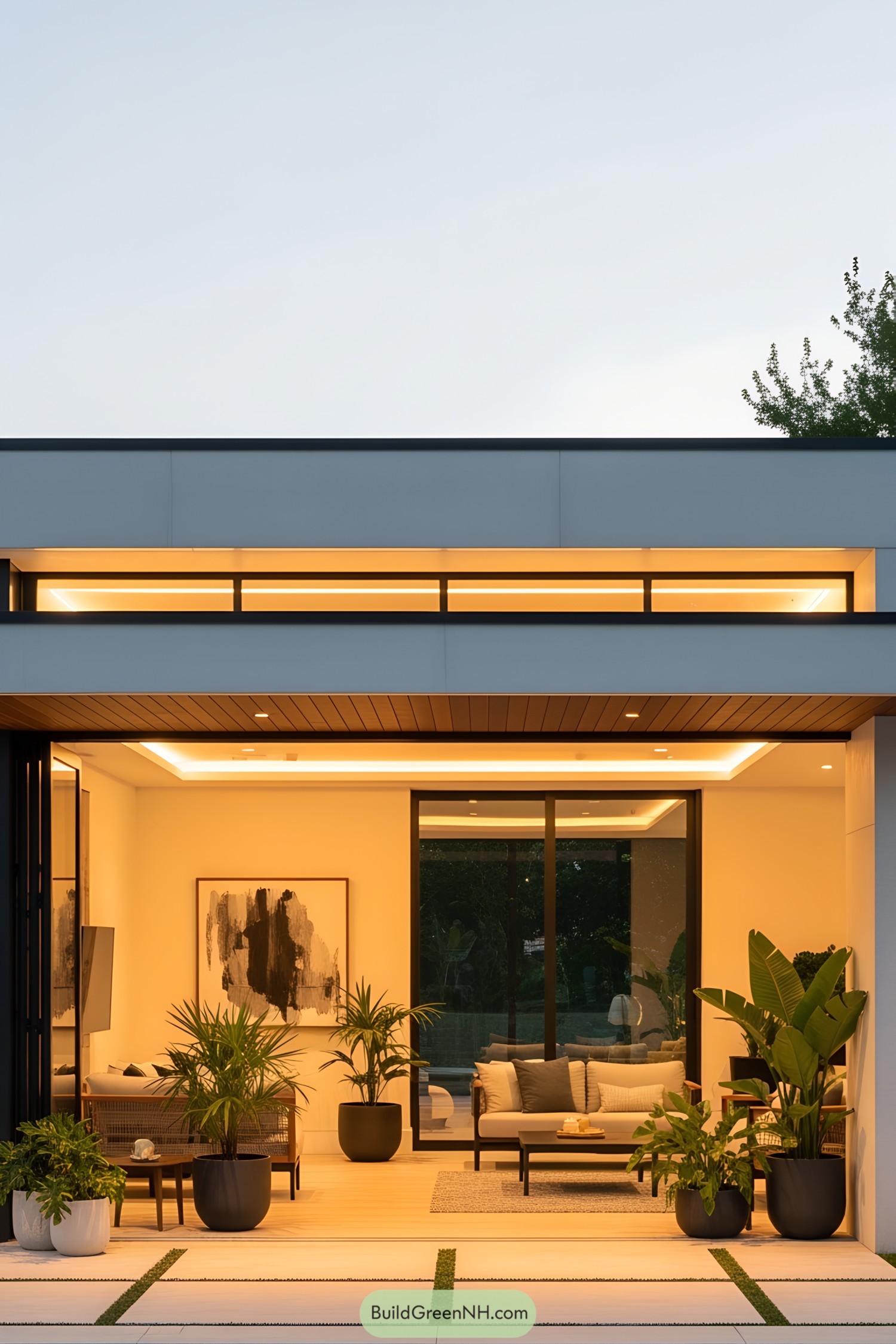 Modern pool house with open lounge area and ambient lighting