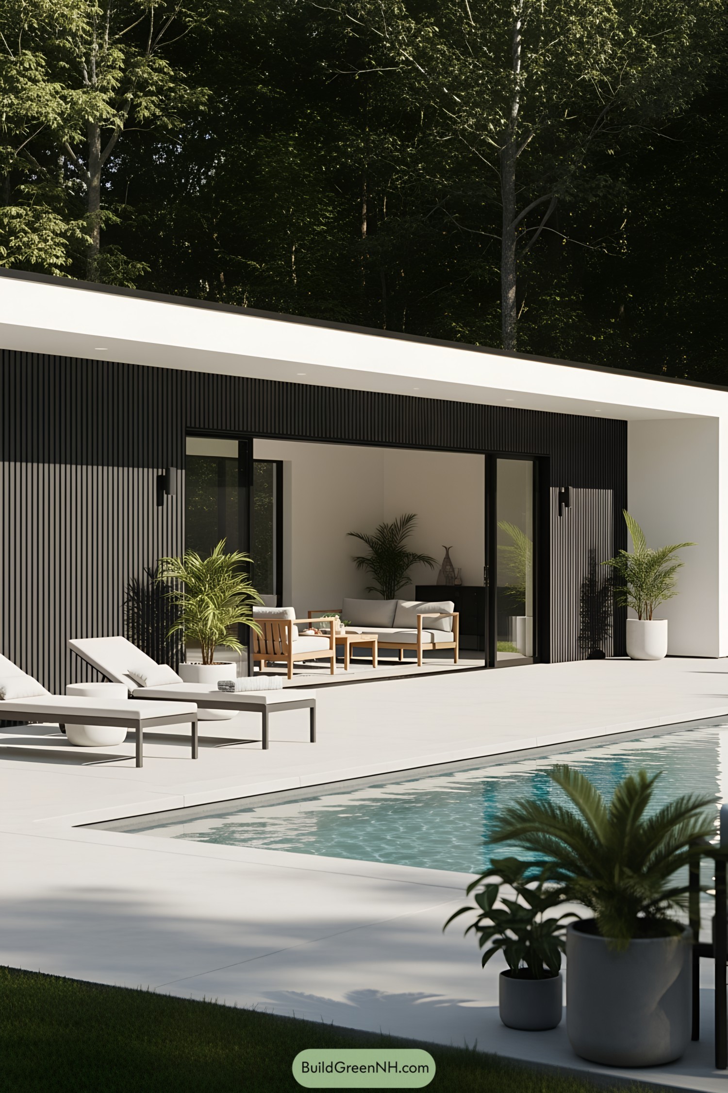 Modern pool house with sleek design and lush greenery