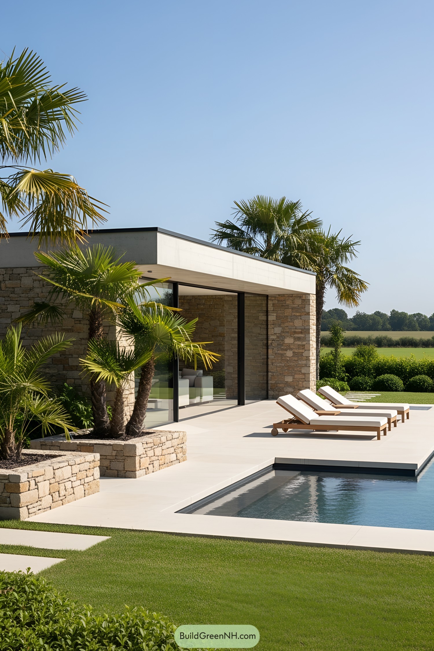 Luxurious pool house with palm trees and loungers